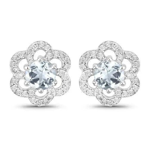 0.61 Carat Genuine Aquamarine and White Diamond 14K White Gold Earrings