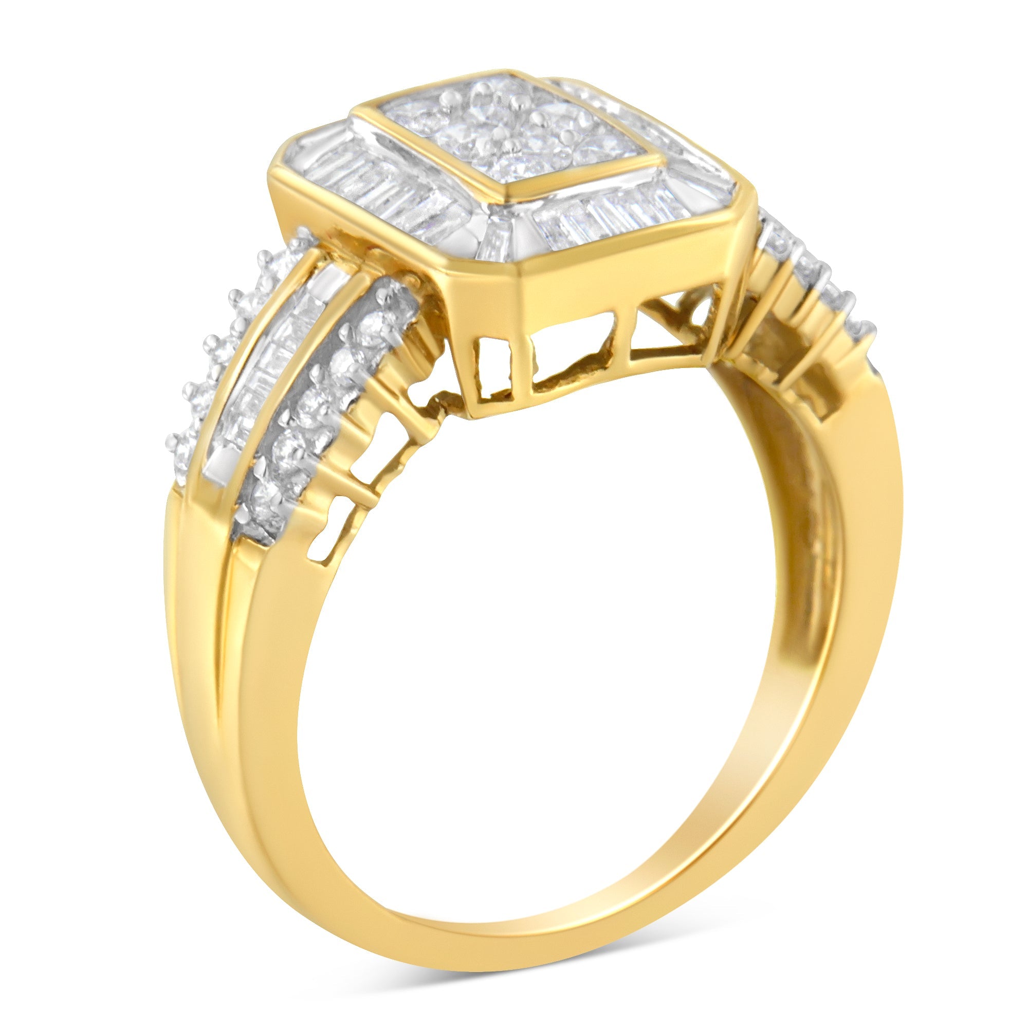 10K Yellow Gold Round and Baguette-Cut Diamond Cocktail Ring (1.0 Cttw, H-I Color, SI2-I1 Clarity) - Size 7 by Bids.com