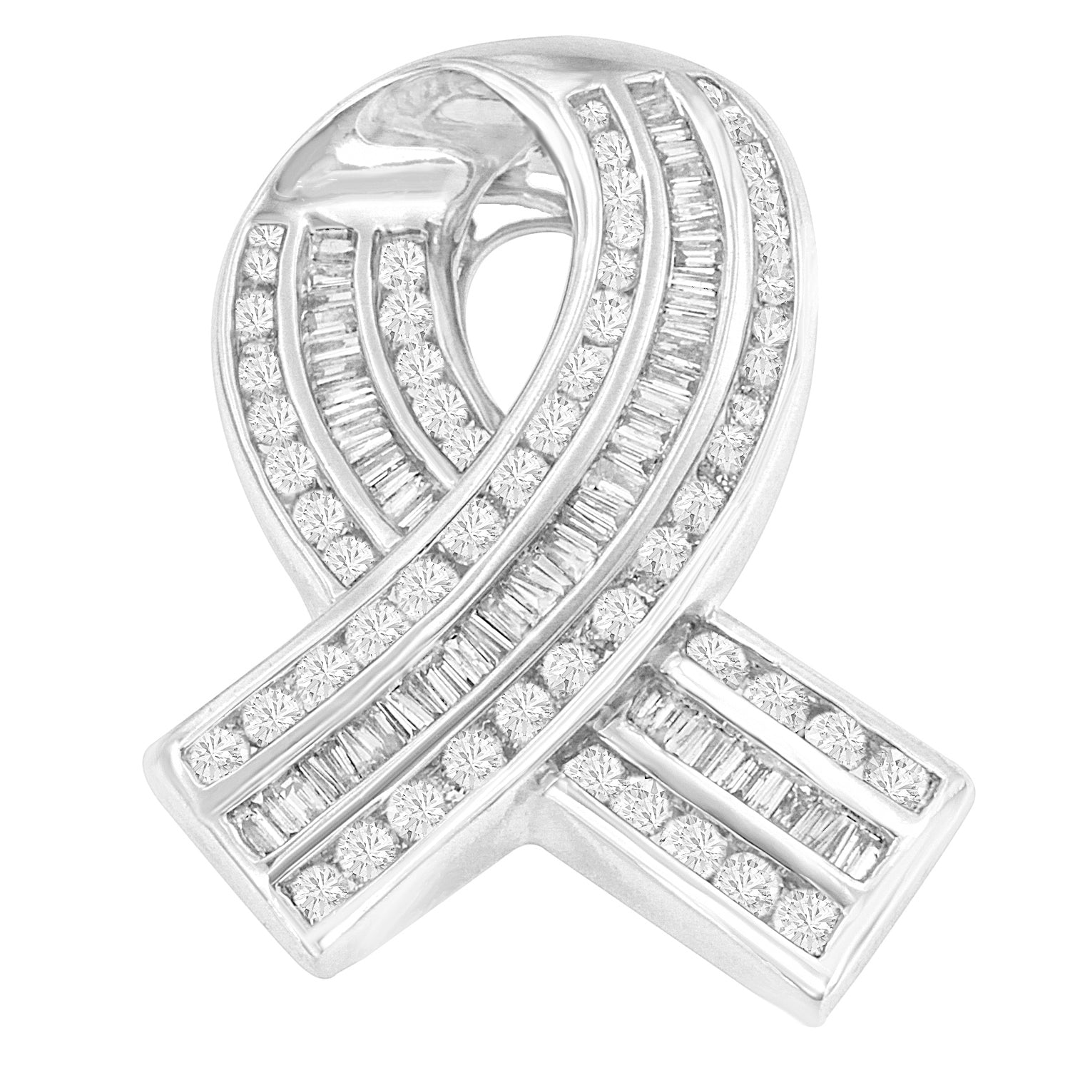 14K White Gold 2 5/8 Cttw Channel Set Round and Baguette Diamond Awareness Ribbon Pendant (H-I Color, I1-I2 Clarity) - Chain Not Included by Bids.com