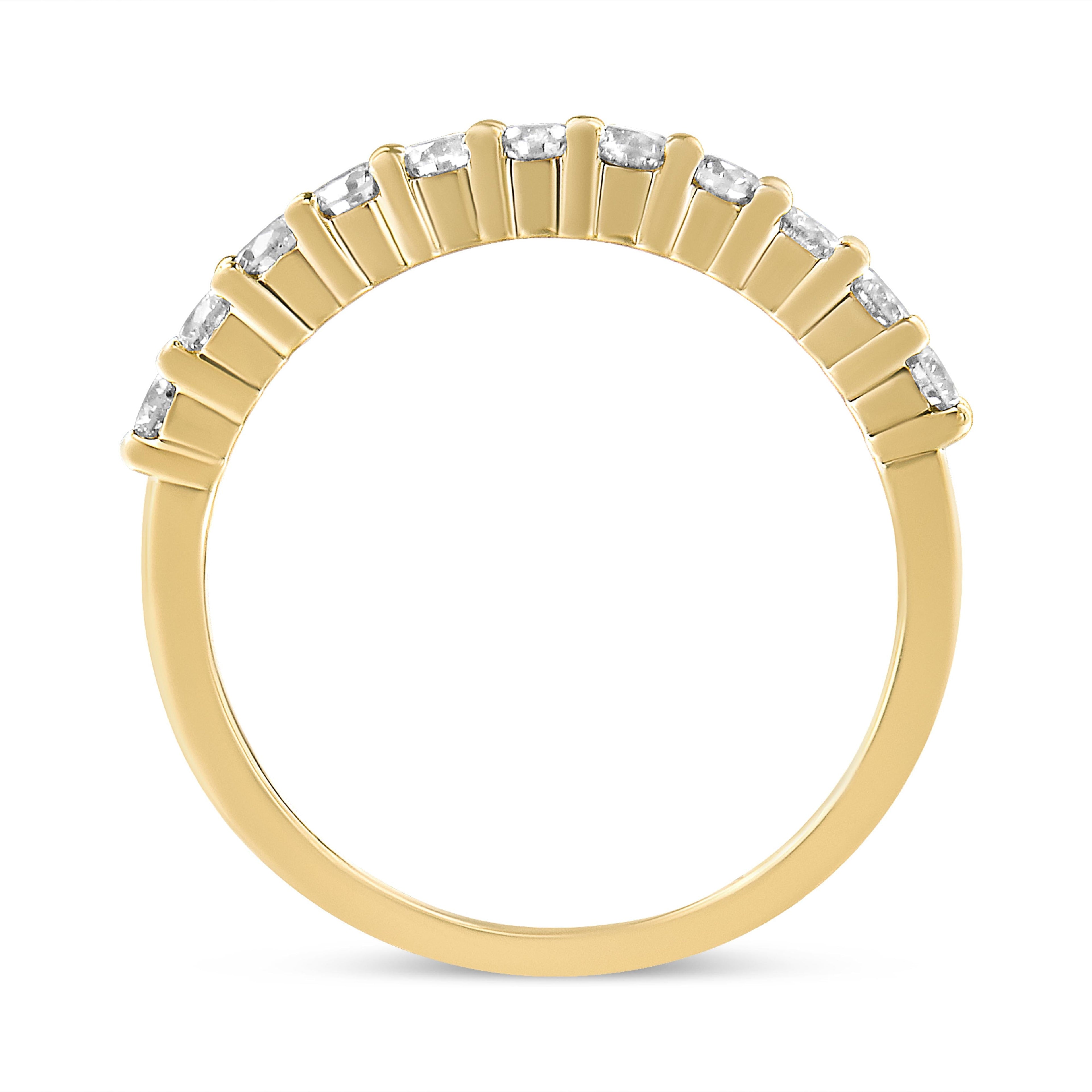 14K Yellow Gold Plated .925 Sterling Silver 1/2 cttw Shared Prong Set Brilliant Round-Cut Diamond 11 Stone Band Ring (J-K Color, SI1-SI2 Clarity) - Size 7 DestGlow
