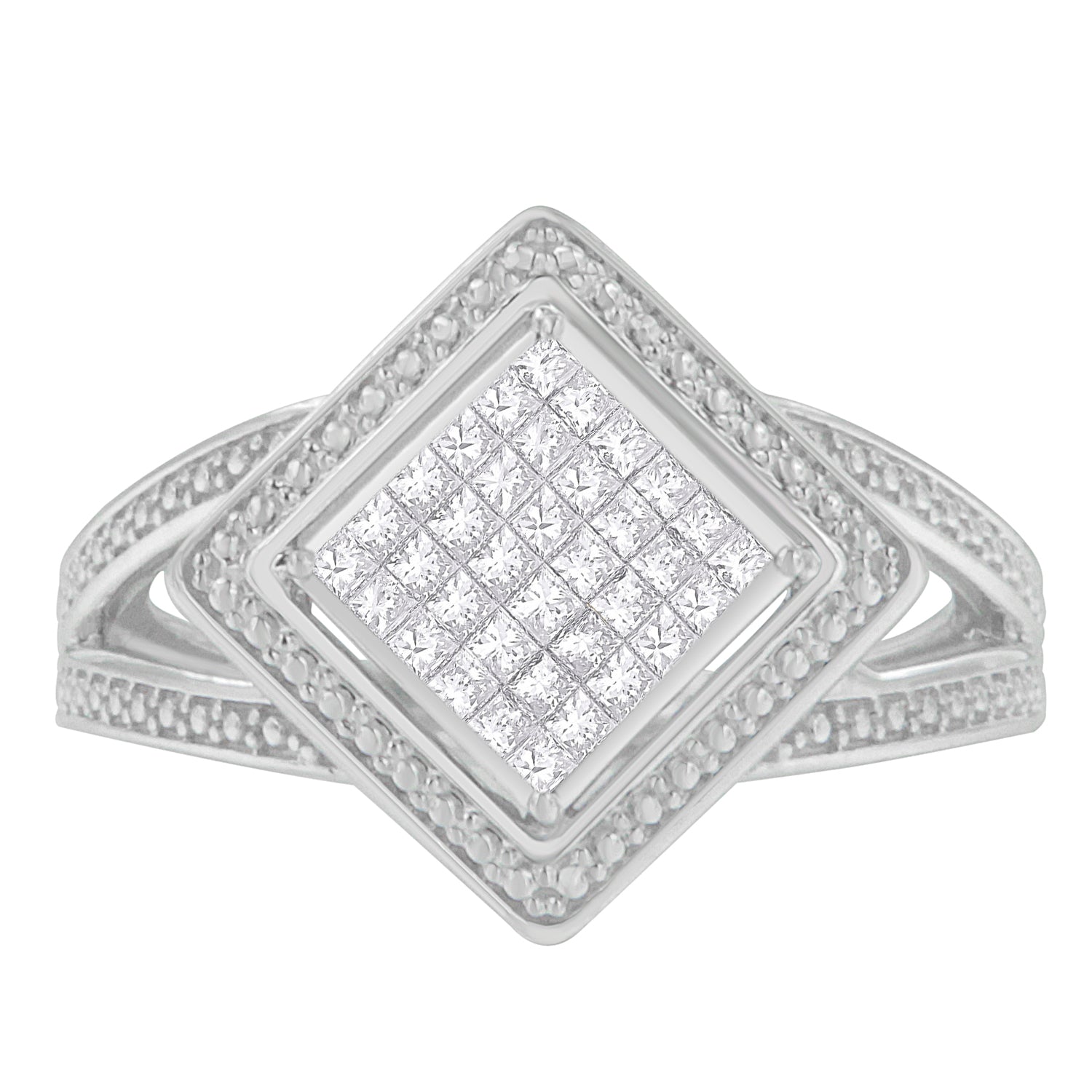 .925 Sterling Silver 1/3 Cttw Invisible Set Princess-Cut Diamond Rhombus and Beaded Halo Ring (H-I Color, SI1-SI2 Clarity) - Ring Size 7 by Bids.com