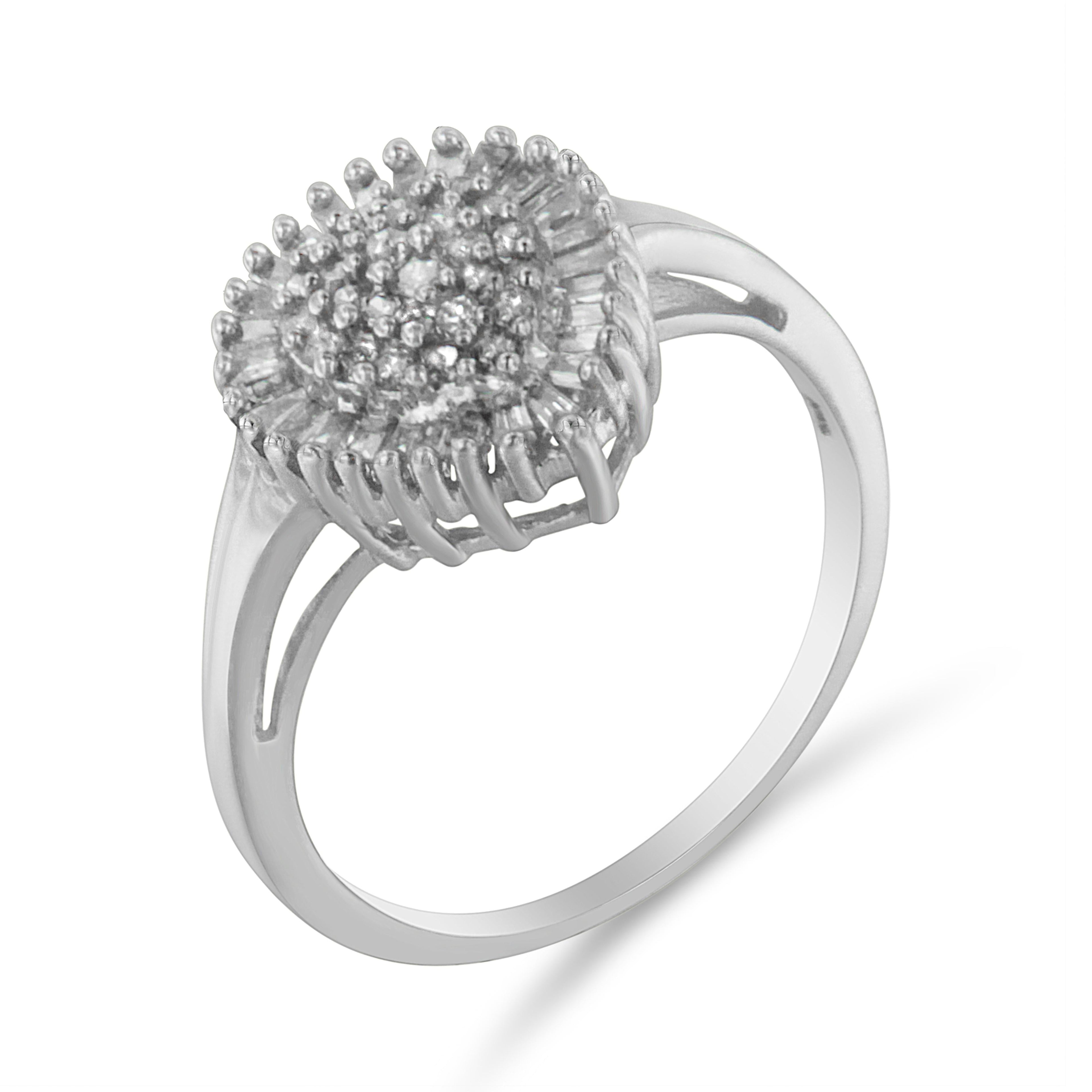 10K White Gold 1/2 Cttw Round & Baguette Cut Diamond Pear Shaped Domed Pavé Cluster with Halo Cocktail Ring (H-I Color, SI1-SI2 Clarity) - Size 5 by Bids.com