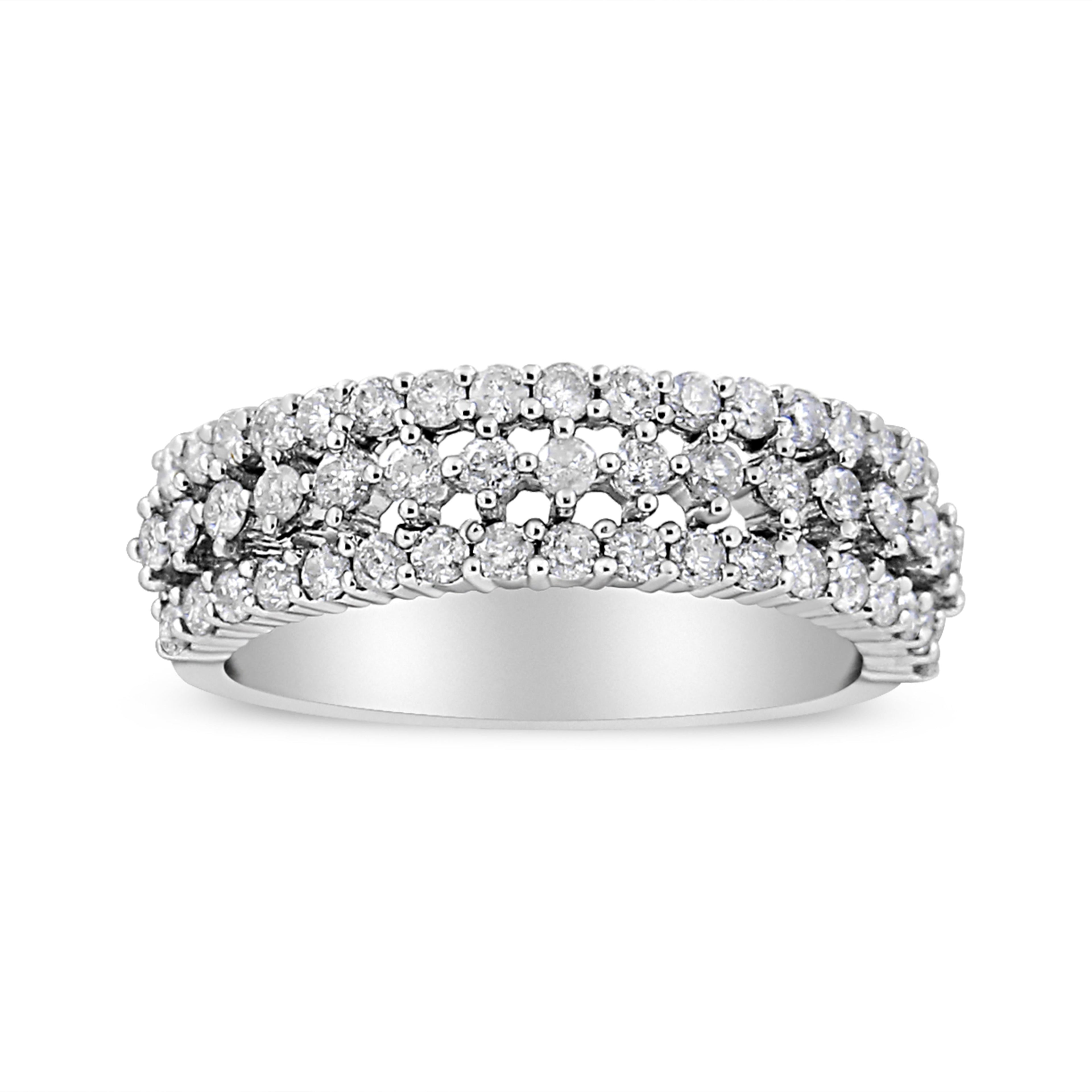 14K White Gold 1.0 Cttw Prong Set Round Diamond Split Shank Three Row Band Ring (H-I Color, I2-I3 Clarity) - Size 6 DestGlow
