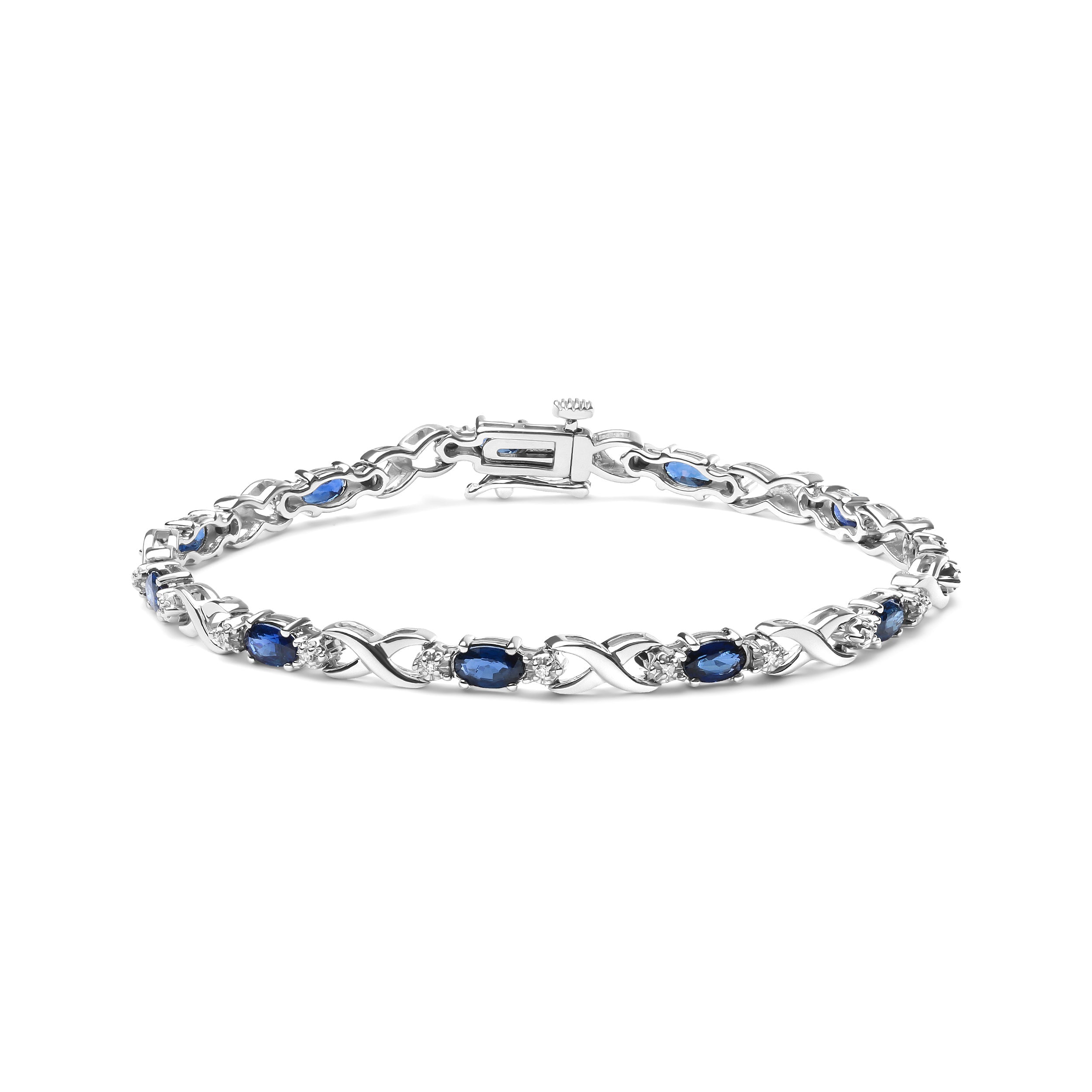 10K White Gold 5x4mm Oval Sapphire Gemstone and 1/10 Cttw Diamond Prong Set "X" Link Bracelet - Size 7" (H-I Color, SI1-SI2 Clarity) DestGlow