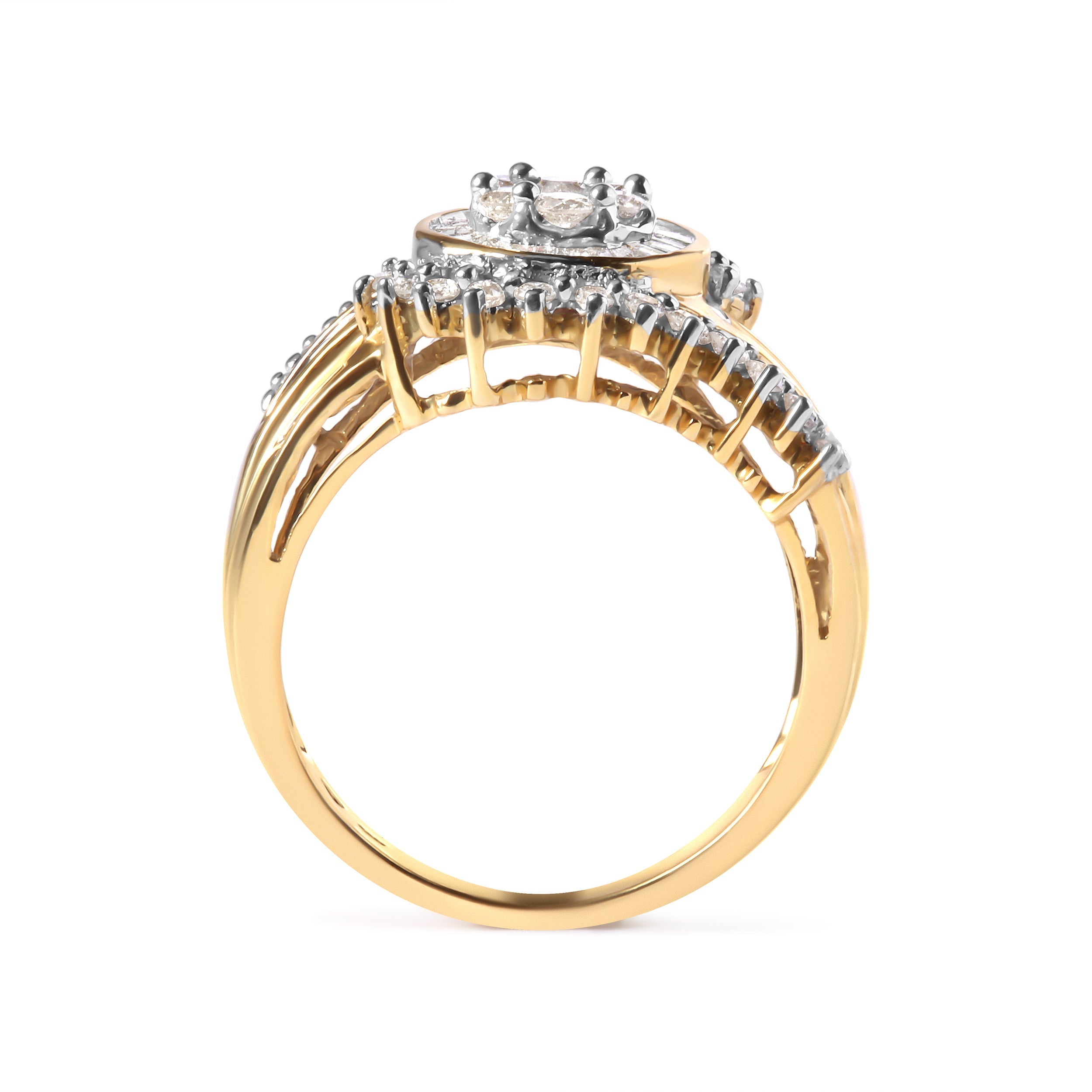 10K Yellow Gold 1 Cttw Round and Baguette cut Diamond Cluster Swirl Band Ring (H-I Color, I1-I2 Clarity) - Ring Size 7 by Bids.com