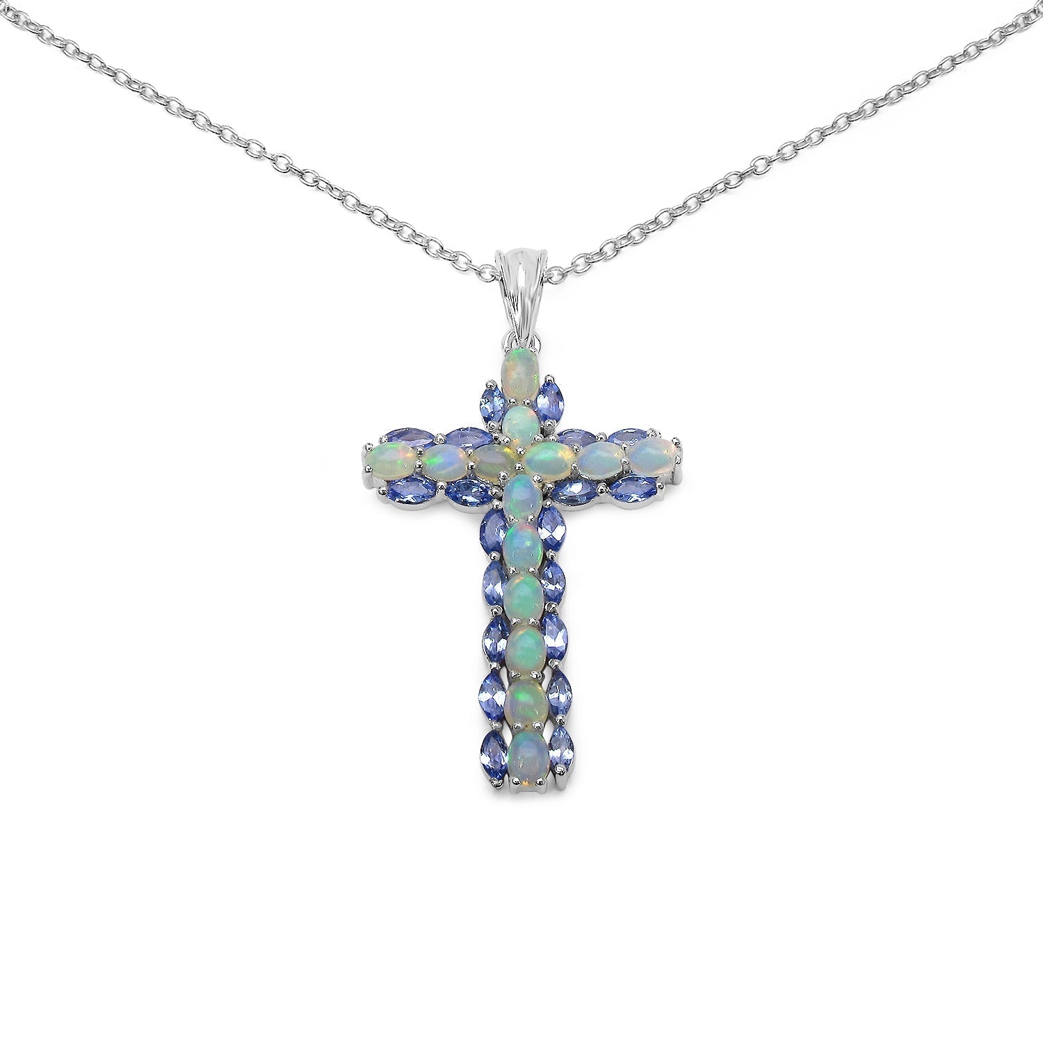 3.32 Carat Genuine Ethiopian Opal and Tanzanite .925 Sterling Silver Pendant DestGlow