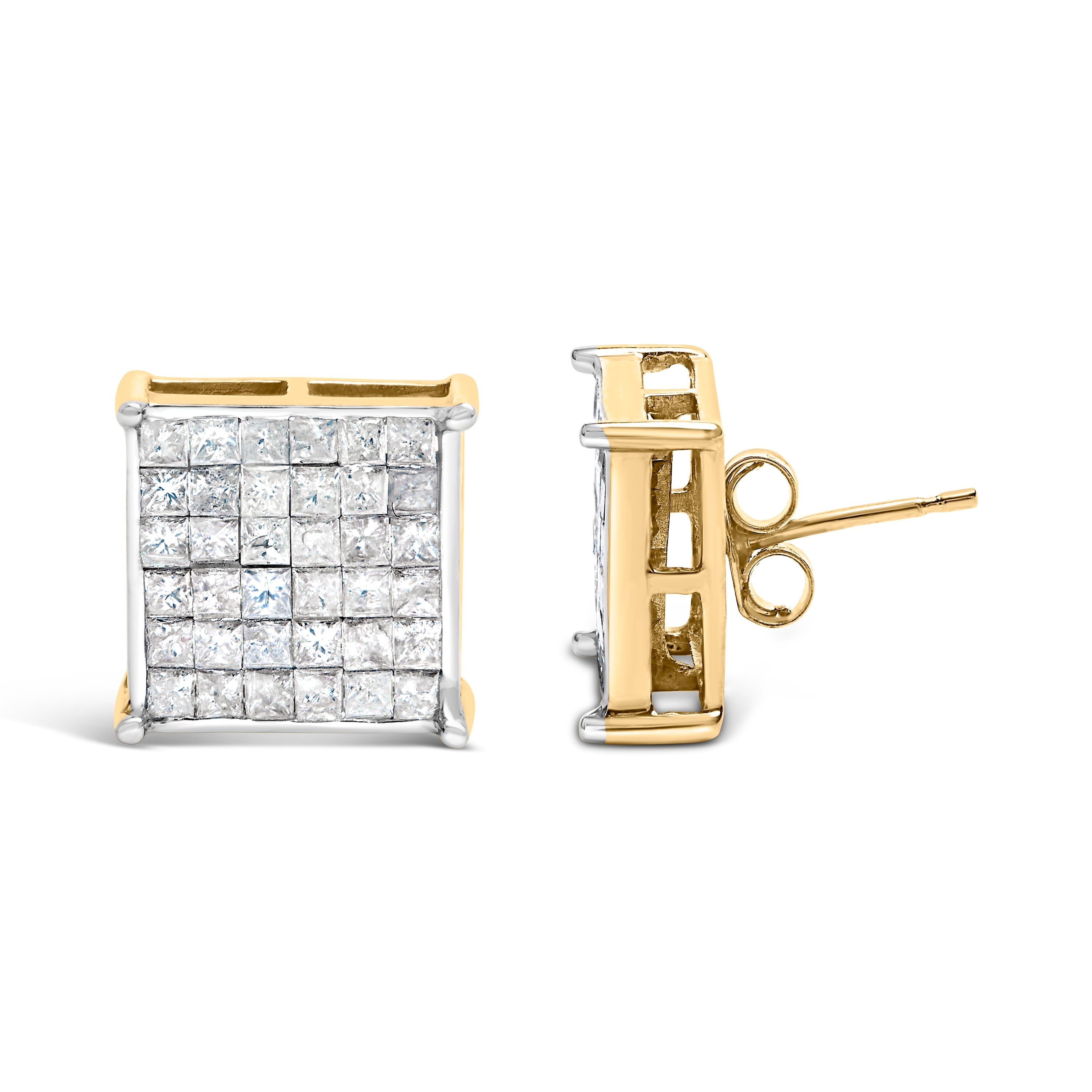 10K Yellow Gold 2.0 Cttw Invisible-Set Princess-Cut Diamond Stud Earrings by Bids.com