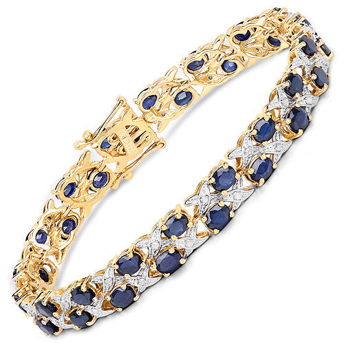 14K Yellow Gold Plated 12.53 Carat Genuine Blue Sapphire and White Diamond .925 Sterling Silver Bracelet by Bids.com