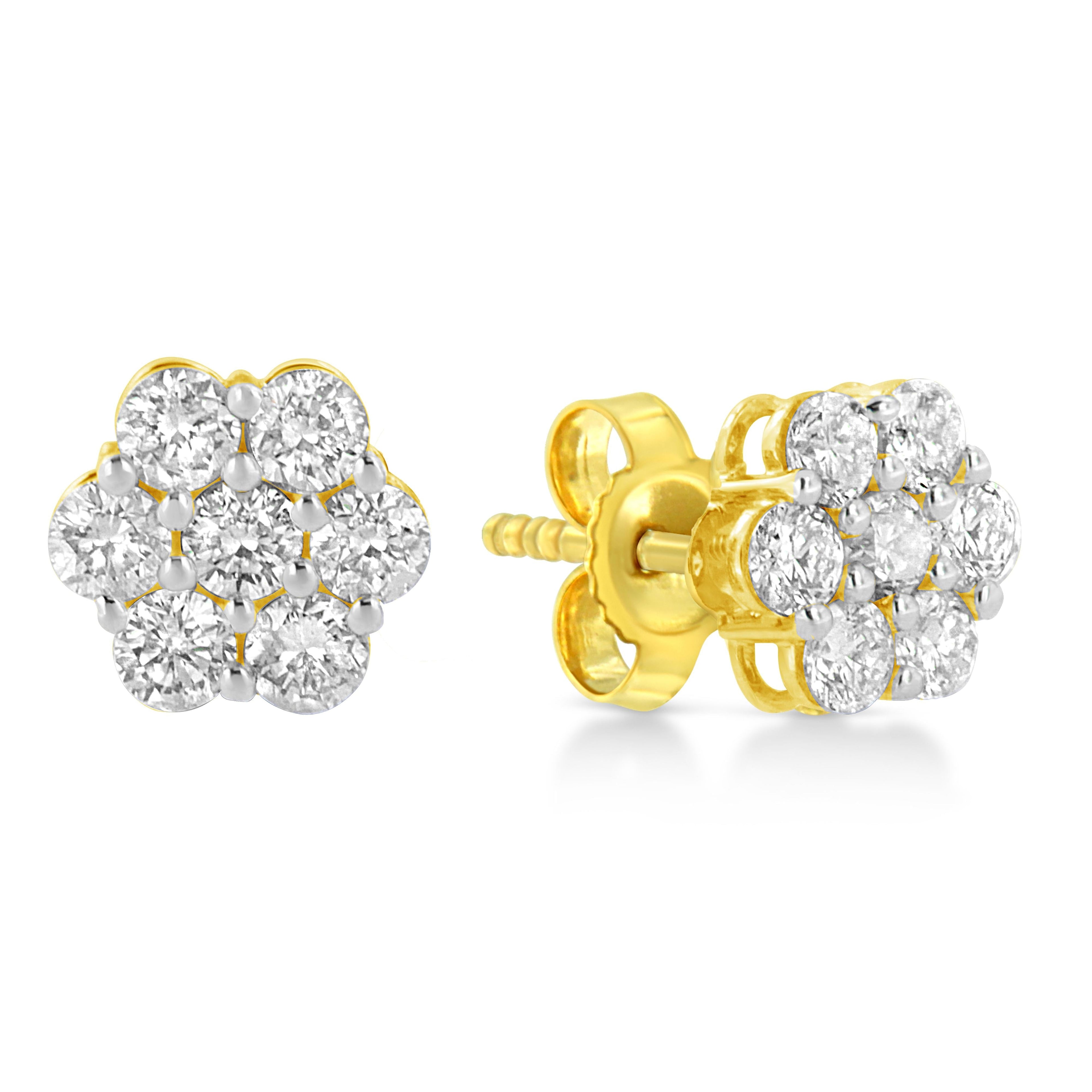 14K Yellow Gold 1/2 Cttw Brilliant Round Cut Diamond Floral Cluster Stud Earrings with Pushbacks (J-K Color, VS2-SI1 Clarity) DestGlow