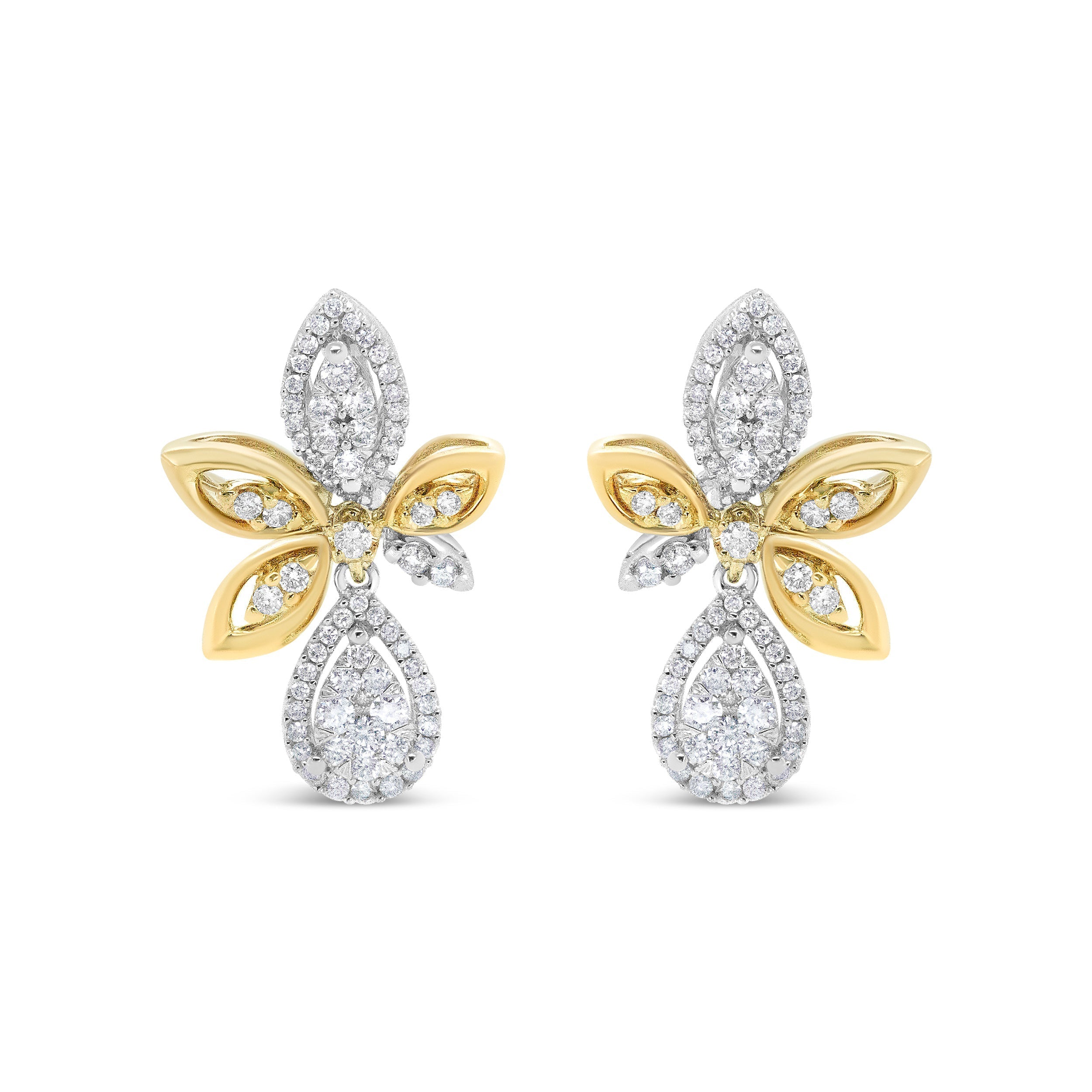 14K White and Yellow Gold 1.00 Cttw Round Pave-Set Diamond Teardrop and Marquise Shape Drop Dangle Earrings (H-I Color, SI1-SI2 Clarity) DestGlow