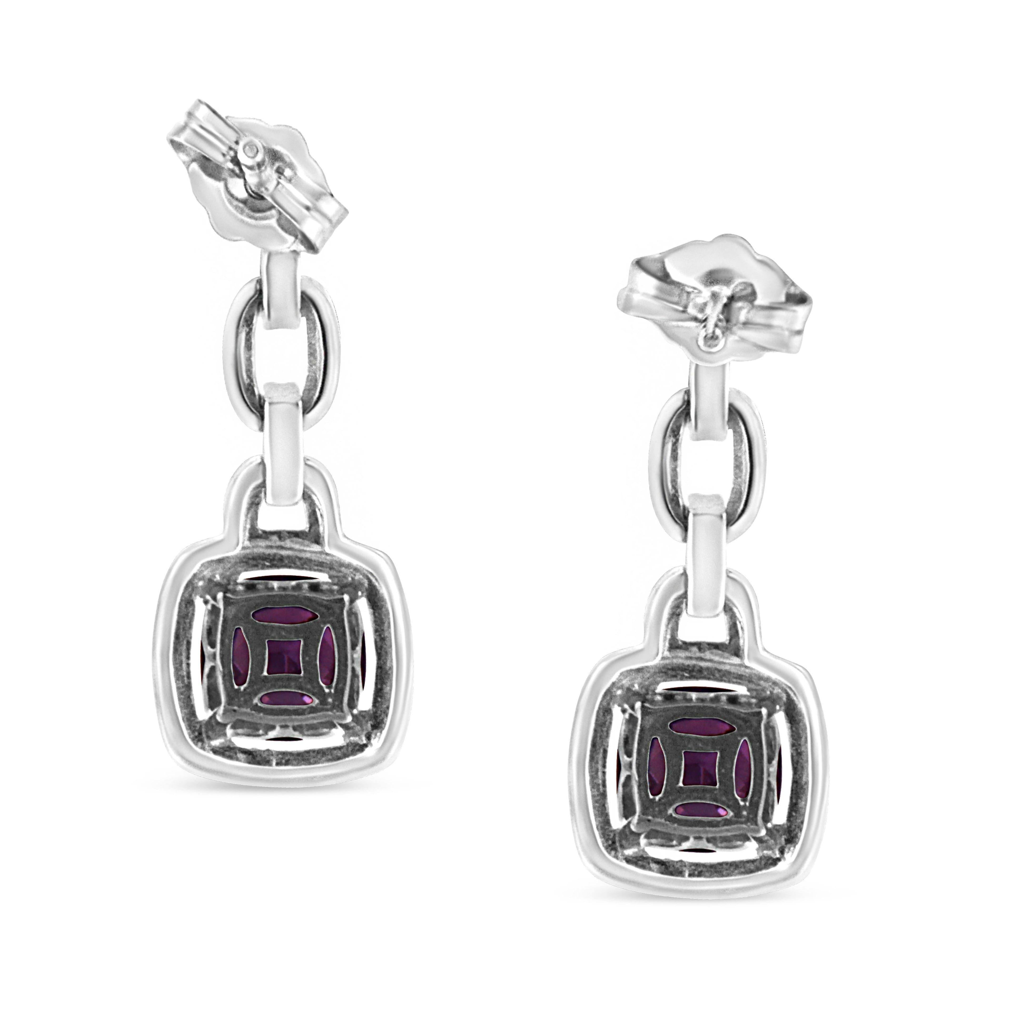 .925 Sterling Silver 6x6MM Cushion Shaped Natural Purple Amethyst and Diamond Accent Drop and Dangle Earrings (I-J Color, I1-I2 Clarity) DestGlow