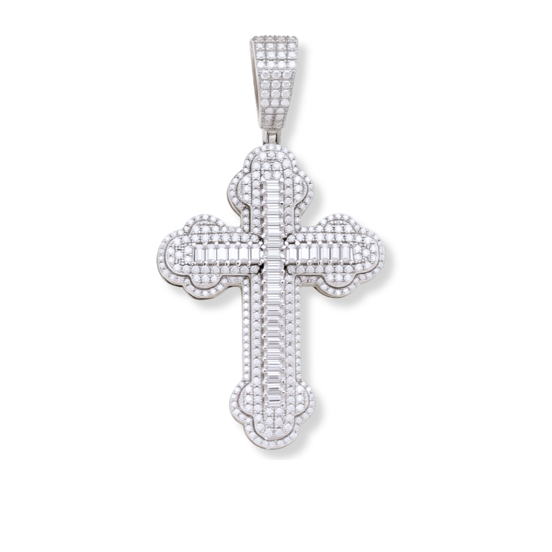 Moissanite Orthodox Cross Pendant - 925 Sterling Silver Baguette Iced Necklace - DestGlow