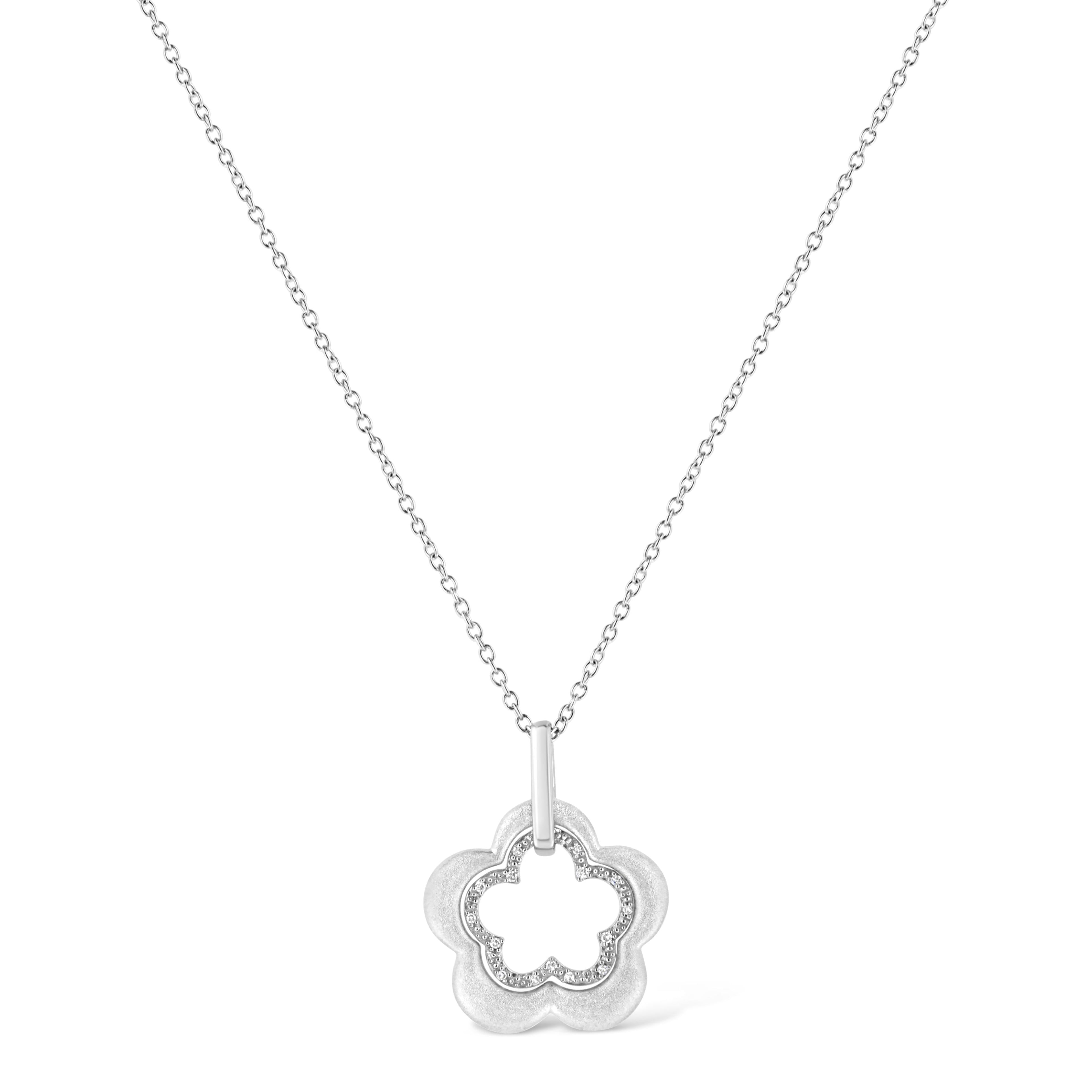 Matte Finished .925 Sterling Silver Diamond Accent Double Flower Shape 18" Satin Finished Pendant Necklace (I-J Color, I1-I2 Clarity) DestGlow