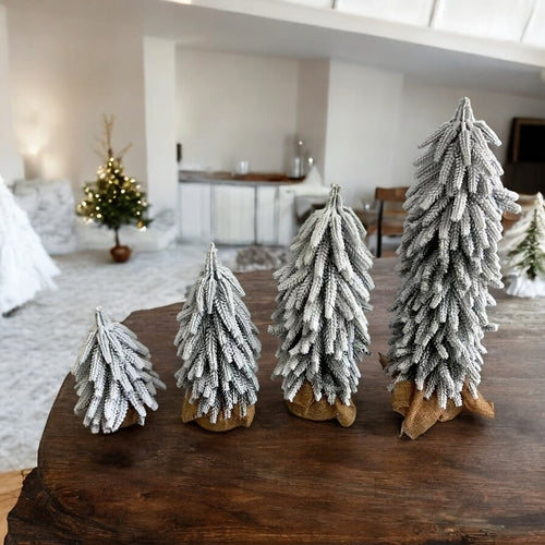 Snow Covered Christmas Trees - Set of 4 Realistic Faux Trees with Jute Base