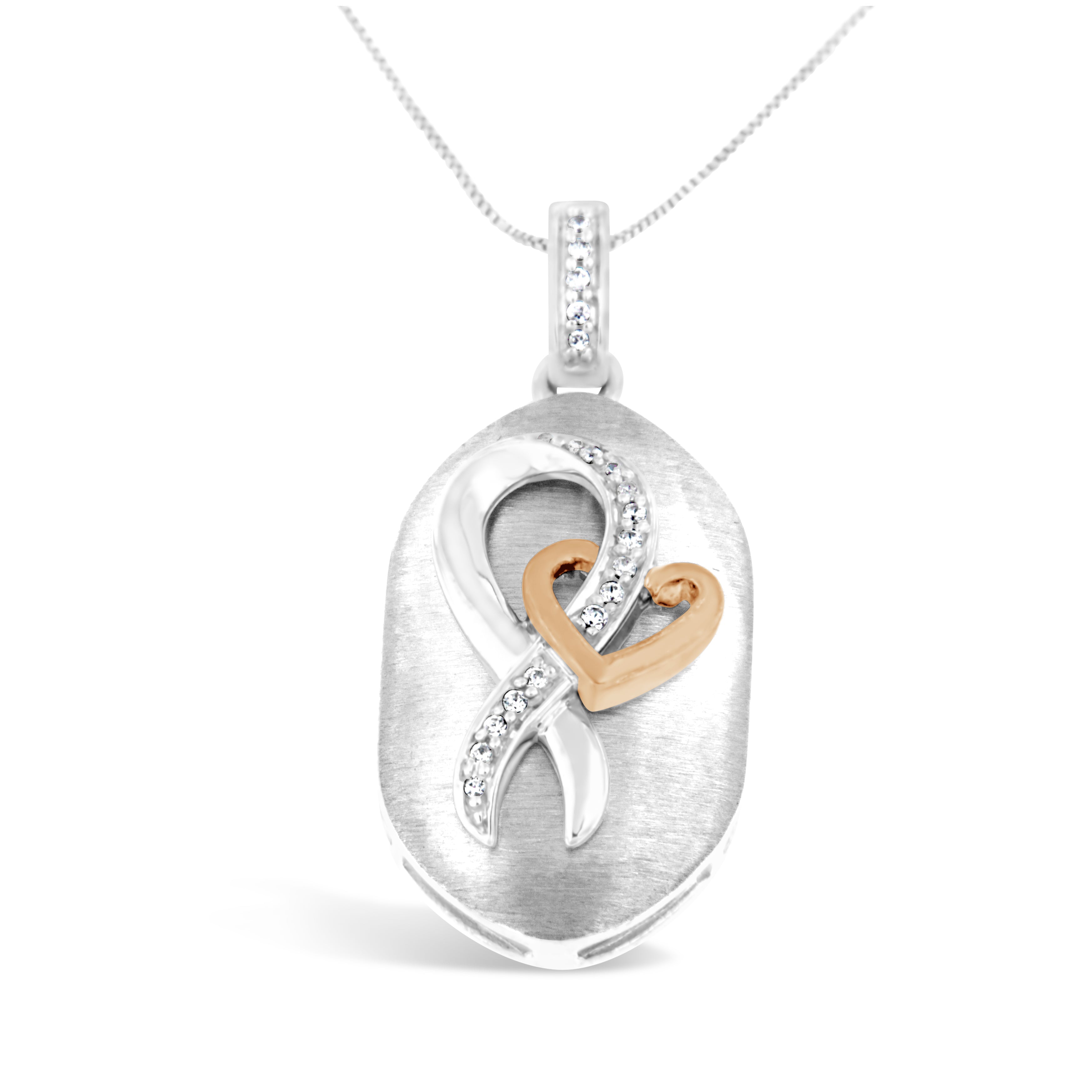 10k Rose Gold and Sterling Silver 1/10ct TDW Round Cut Diamond Interlocked Heart and Ribbon Pendant Necklace (H-I, I1-I2) by Bids.com
