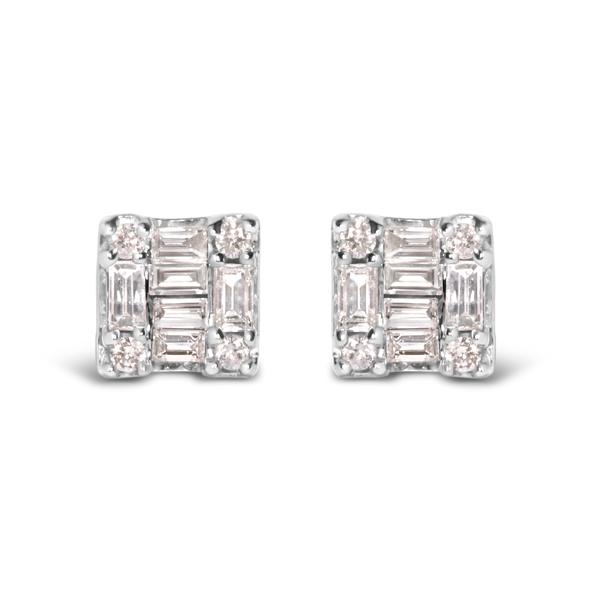 10K White Gold 1/7 Cttw Round and Baguette Diamond Mosaic Square Stud Earrings (H-I Color, I1-I2 Clarity) by Bids.com
