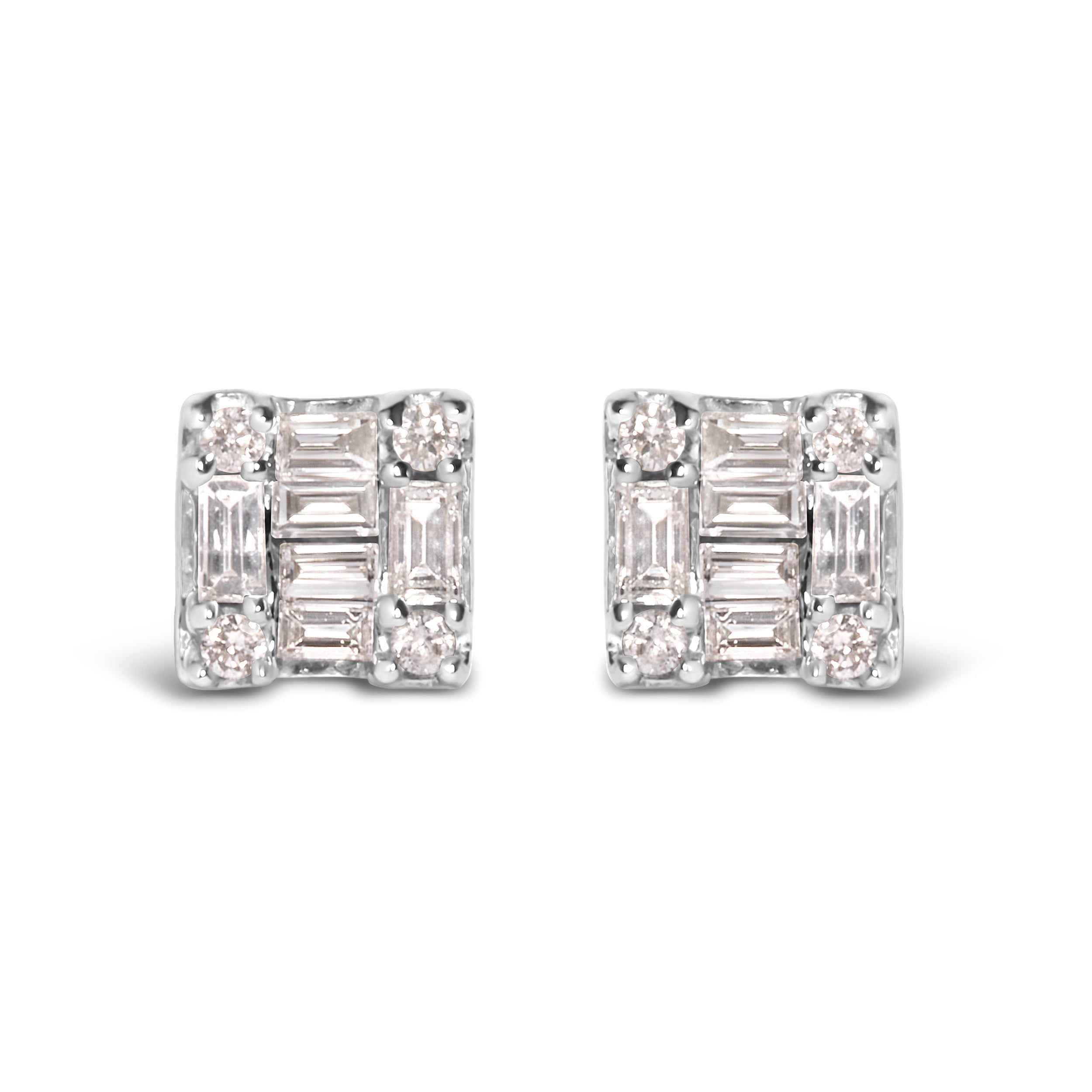 10K White Gold 1/7 Cttw Round and Baguette Diamond Mosaic Square Stud Earrings (H-I Color, I1-I2 Clarity) DestGlow