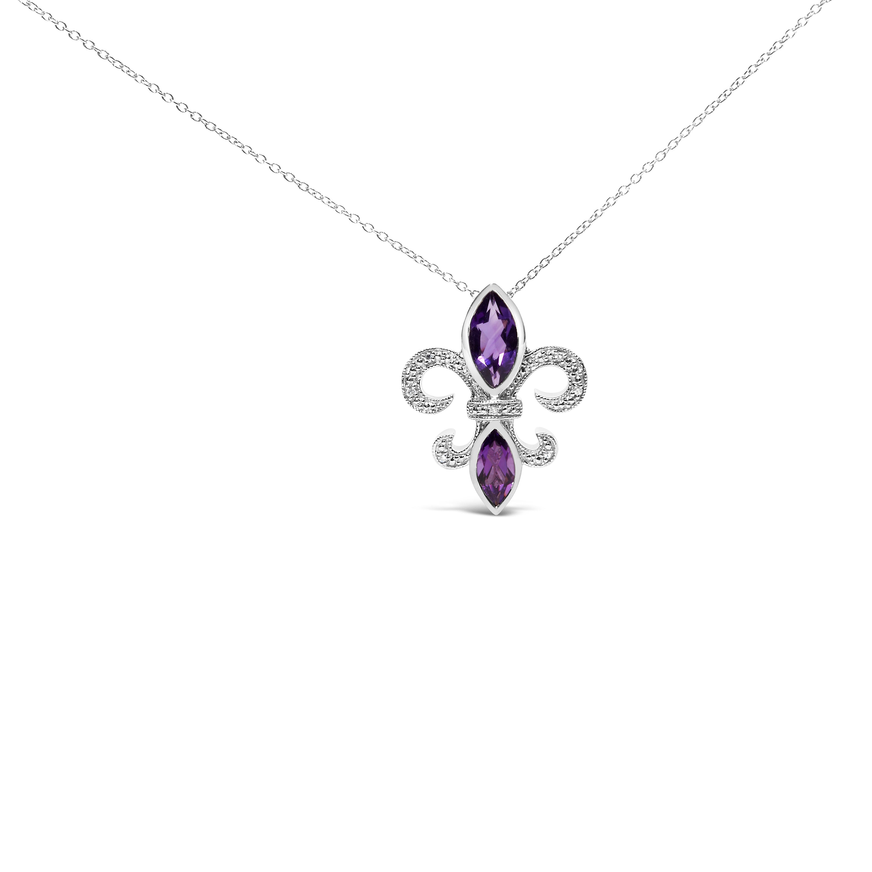 .925 Sterling Silver Purple Amethyst Marquise and Diamond Accent Fleur De Lis Pendant Necklace (H-I Color, SI1-SI2 Clarity) - Size 18" DestGlow