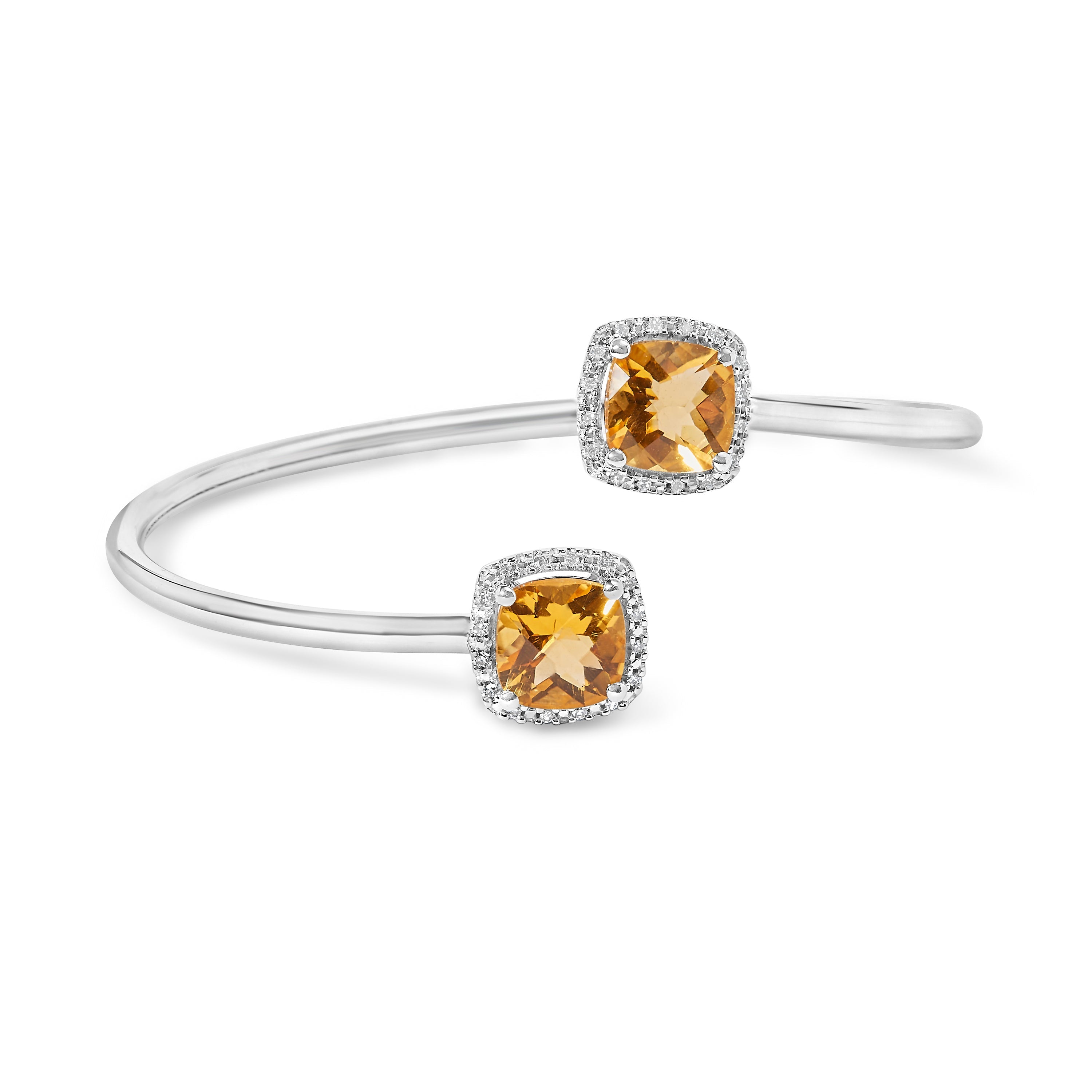 .925 Sterling Silver 8mm Cushion Cut Yellow Citrine Gemstone and Diamond Accent Split Bypass Bangle Bracelet (H-I Color, SI1-SI2 Clarity) - Fits up to 7.75" Inches DestGlow