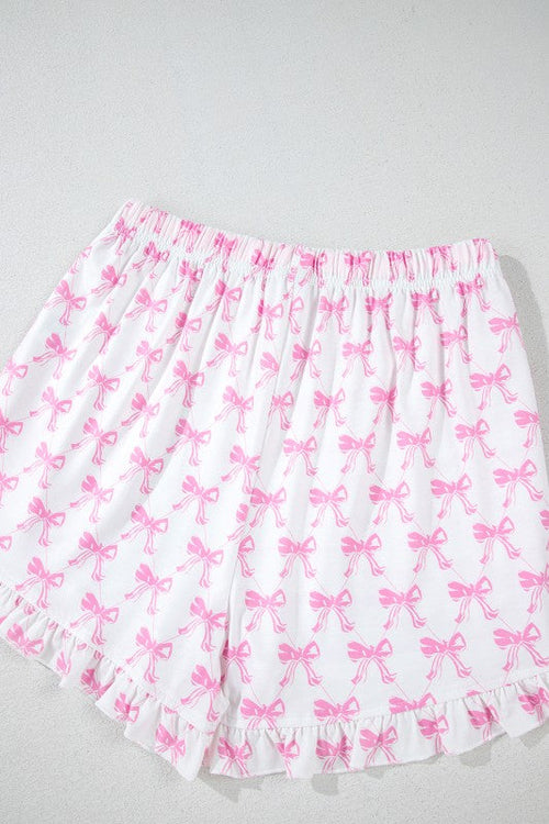 Women's Pink Bow Print Pajama Set - Short Sleeve Top & Ruffled Shorts