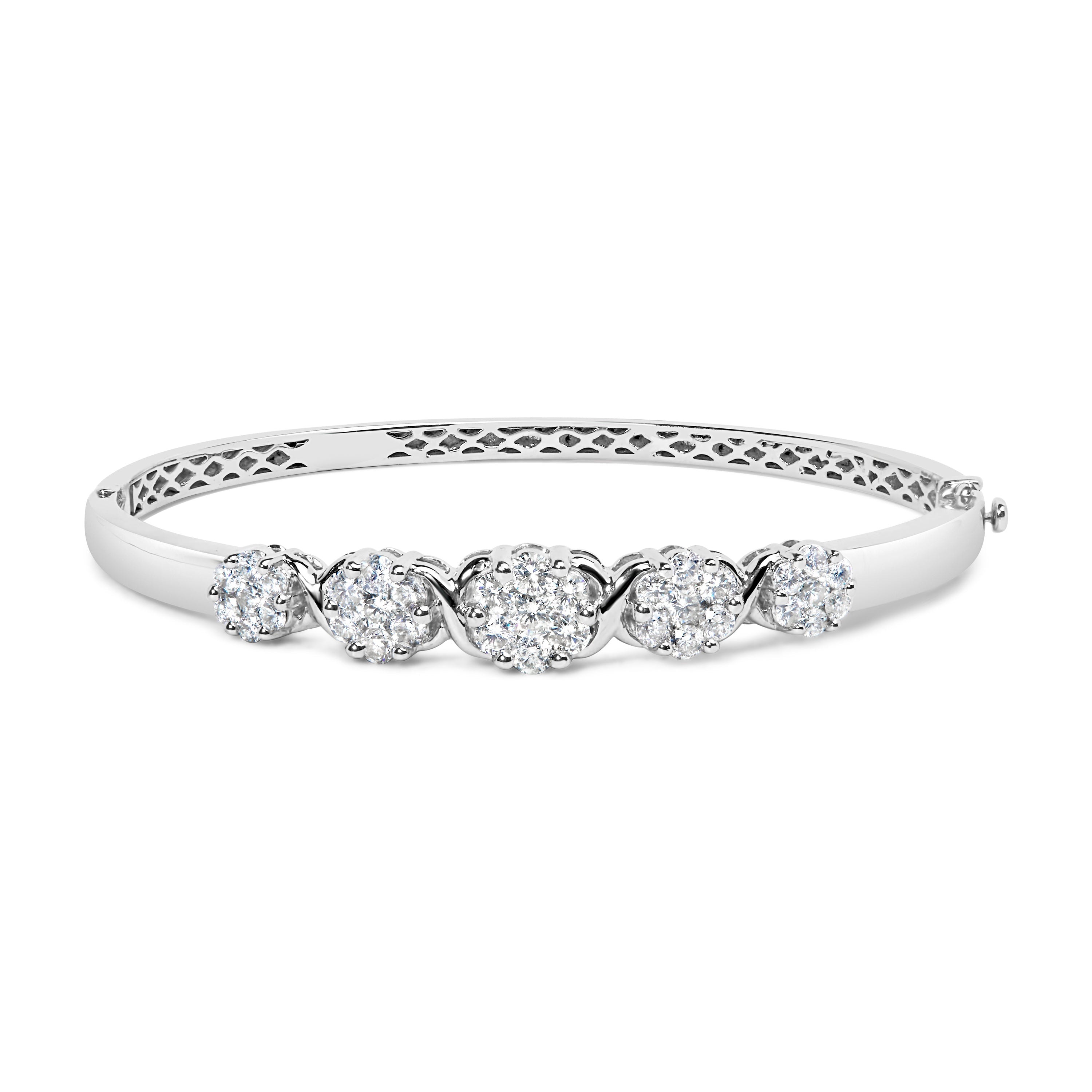 14K White Gold 2 1/2 Cttw Diamond Graduating Floral Cluster Bangle Bracelet (H-I Color, SI1-SI2 Clarity) - Fits Wrists up to 7.25" by Bids.com