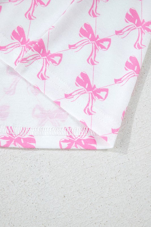 Women's Pink Bow Print Pajama Set - Short Sleeve Top & Ruffled Shorts