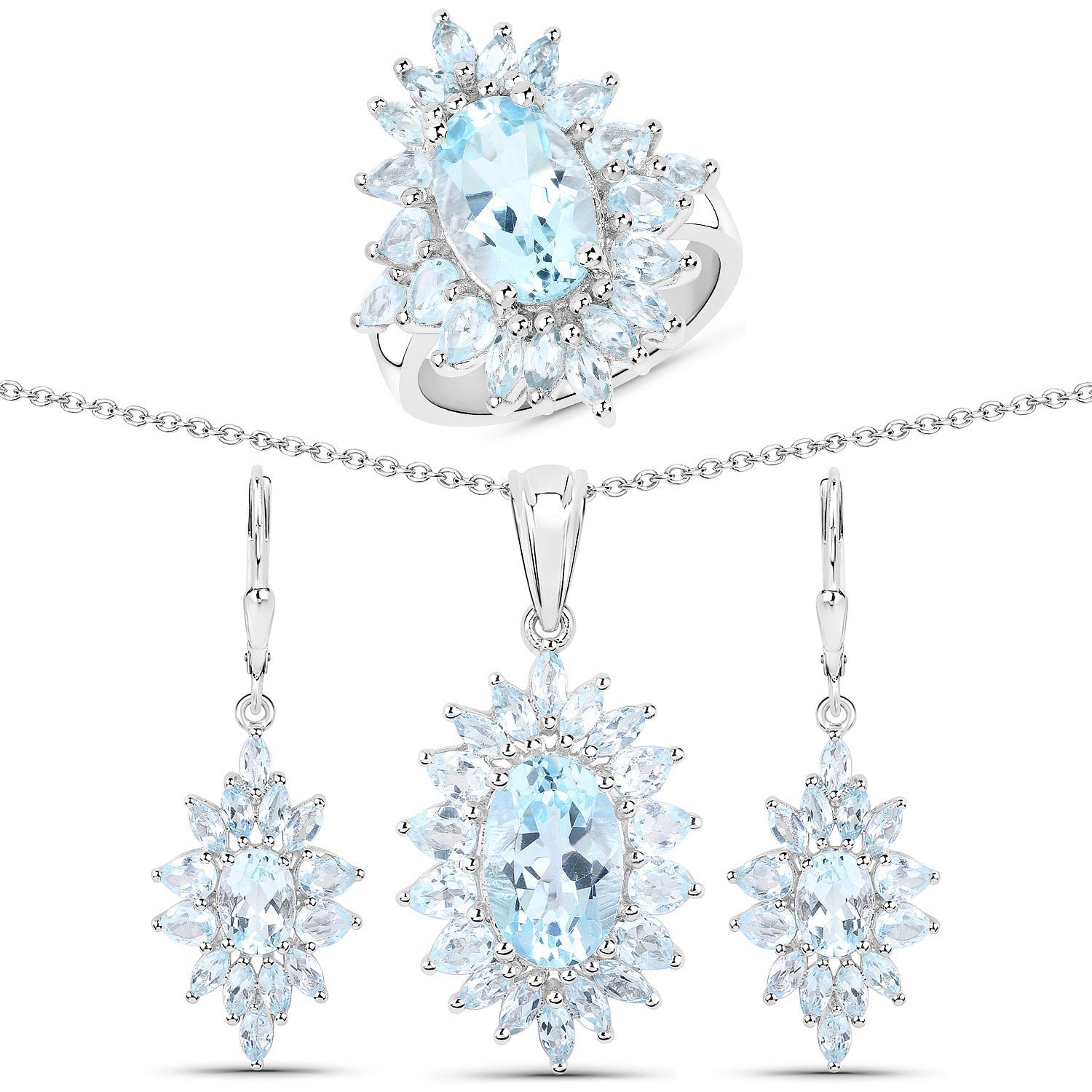 19.18 Carat Genuine Blue Topaz .925 Sterling Silver 3 Piece Jewelry Set (Ring, Earrings, and Pendant w/ Chain) by Bids.com