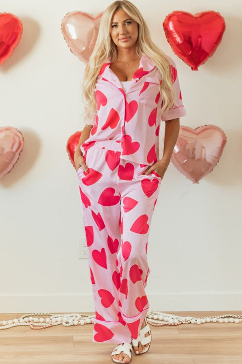 Women's Valentine's Day Pajama Set - Heart Print Short Sleeve Shirt & Pants
