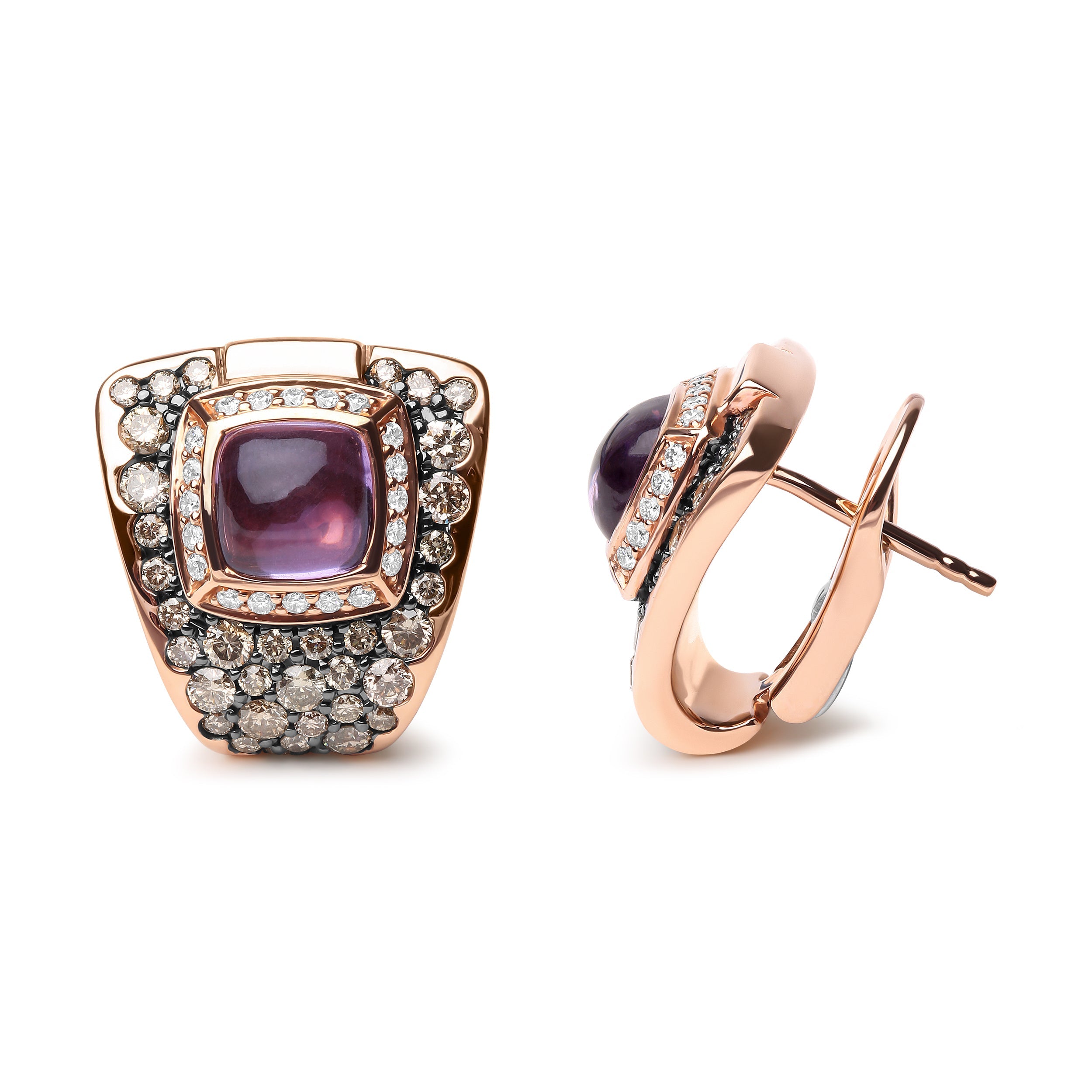 18K Rose Gold 1 1/2 Cttw Round Diamond and 7mm Cushion Cut Purple Amethyst Gemstone Geometrical Statement Stud Earrings (Brown and G-H Color, SI1-SI2 Clarity) by Bids.com