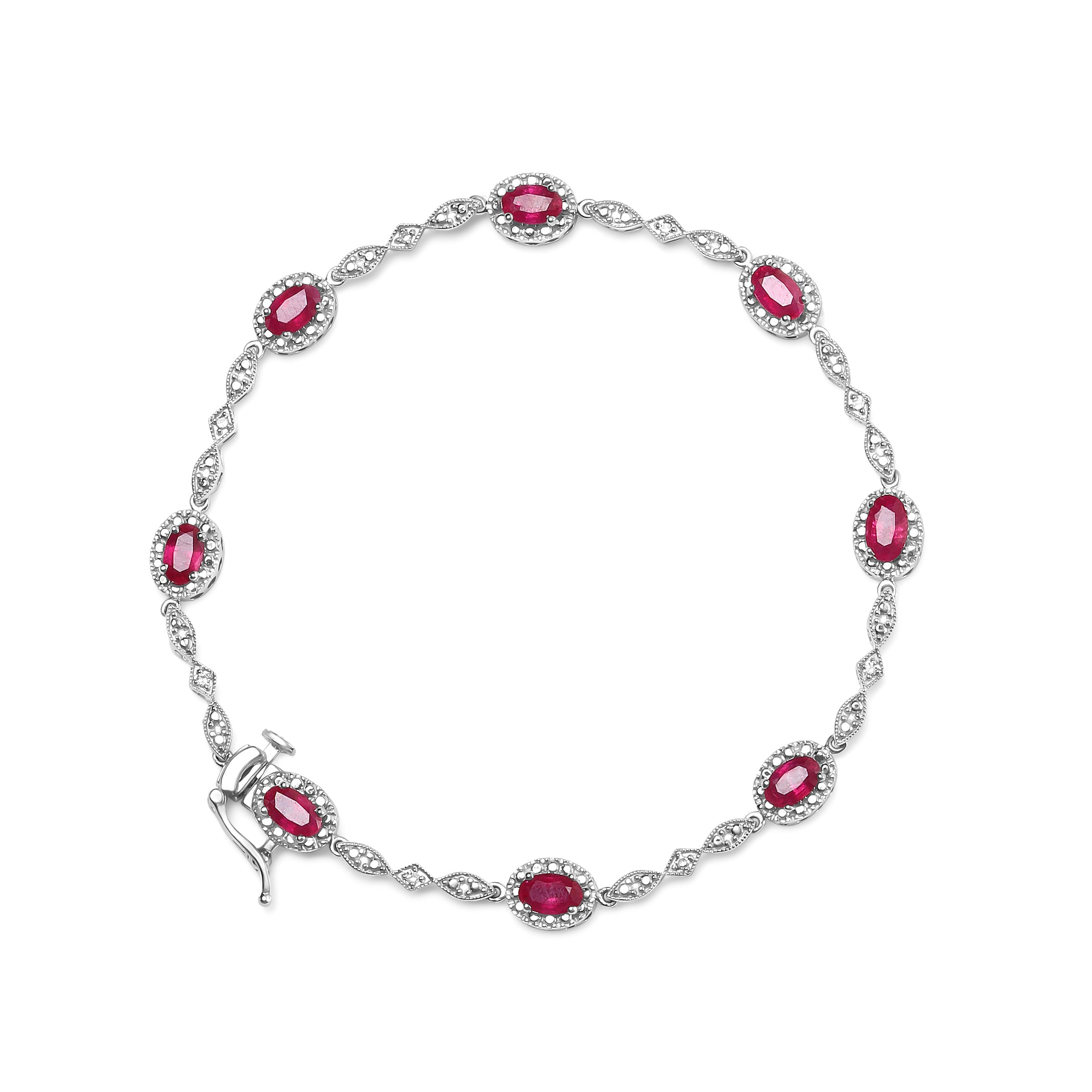 10K White Gold 4.5mm x 3mm Oval Ruby and Diamond Link Bracelet (H-I Color, SI1-SI2 Clarity) - Size 7" DestGlow