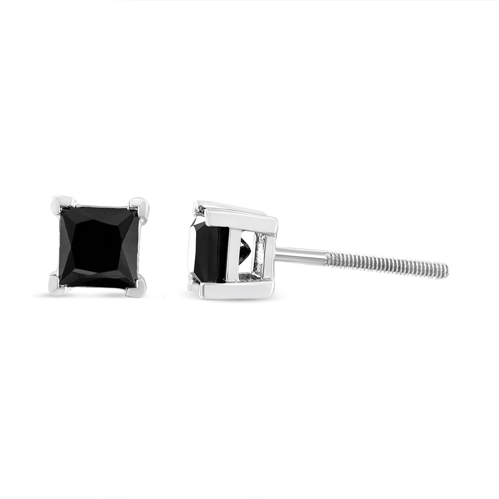 14K White Gold 4.00 Cttw Princess-Cut Treated Black Diamond Classic 4-Prong Stud Earrings with Screw Backs (Fancy Color-Enhanced, I2-I3 Clarity) by Bids.com