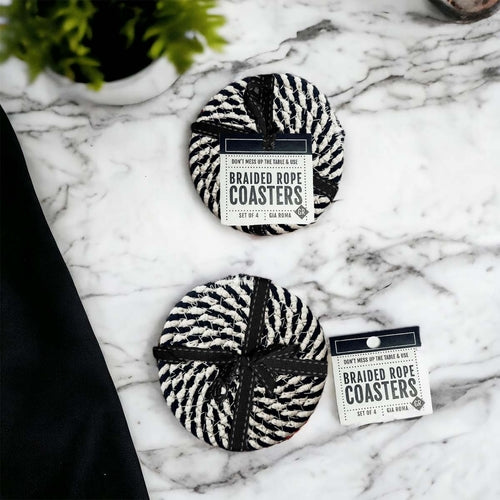Braided Cotton Coasters 4-Pack - Candy Cane Stripe Pattern (Black, Red or Blue)