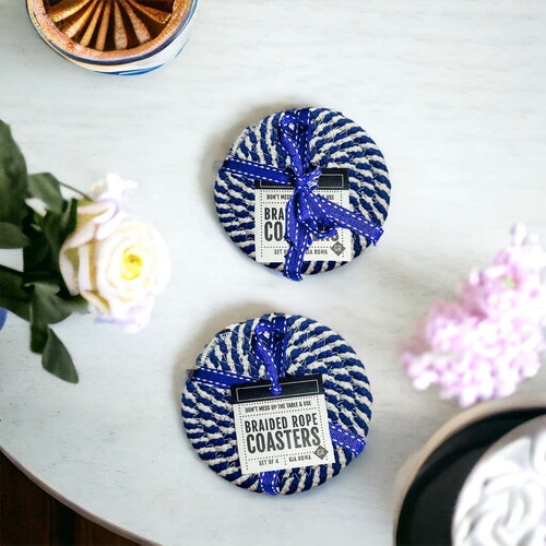 Braided Cotton Coasters 4-Pack - Candy Cane Stripe Pattern (Black, Red or Blue)