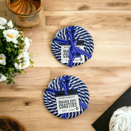 Braided Cotton Coasters 4-Pack - Candy Cane Stripe Pattern (Black, Red or Blue)