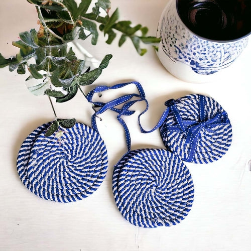 Braided Cotton Coasters 4-Pack - Candy Cane Stripe Pattern (Black, Red or Blue)