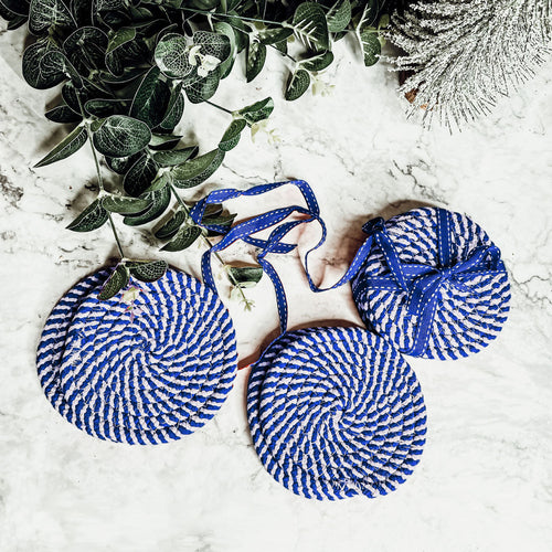 Braided Cotton Coasters 4-Pack - Candy Cane Stripe Pattern (Black, Red or Blue)