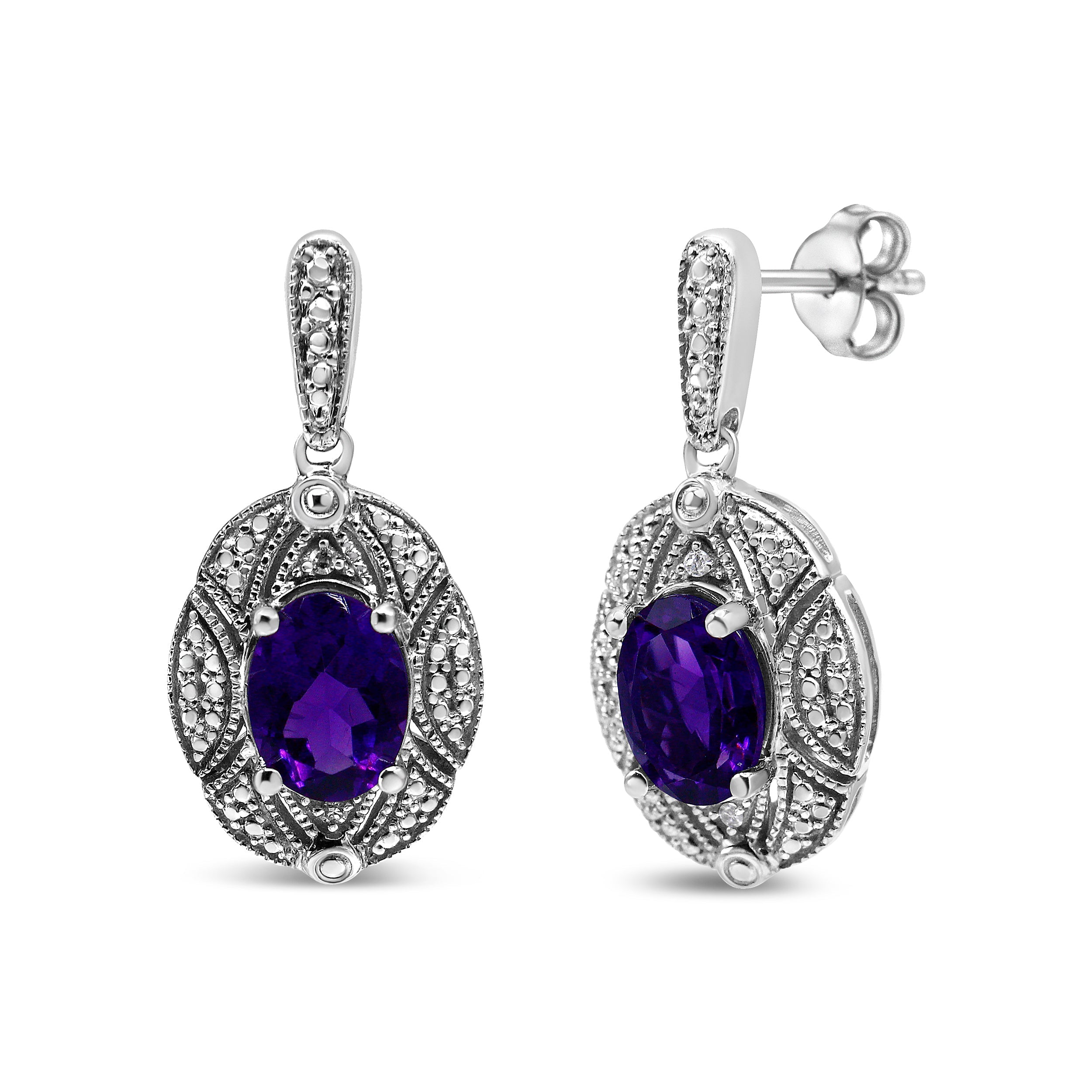 .925 Sterling Silver Diamond Accent and 8x6mm Purple Oval Amethyst Stud Earrings (I-J Color, I1-I2 Clarity) DestGlow