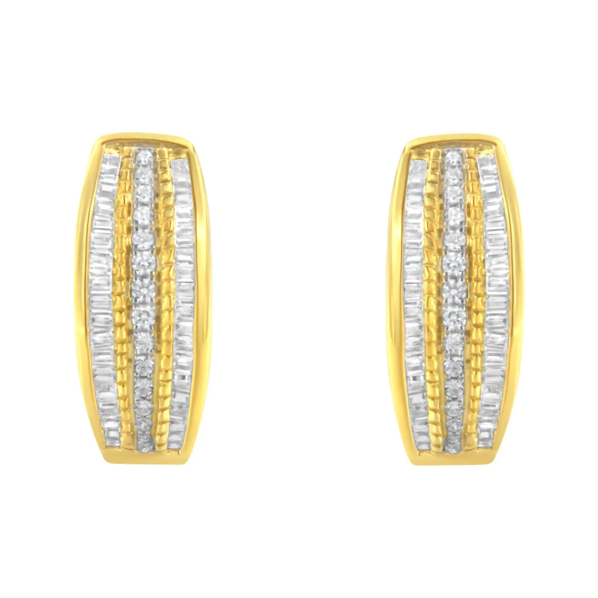 10K Yellow Gold 3/4 Cttw Pave and Channel Set Diamond Triple Row Modern Hoop Earrings (I-J Color, I2-I3 Clarity)