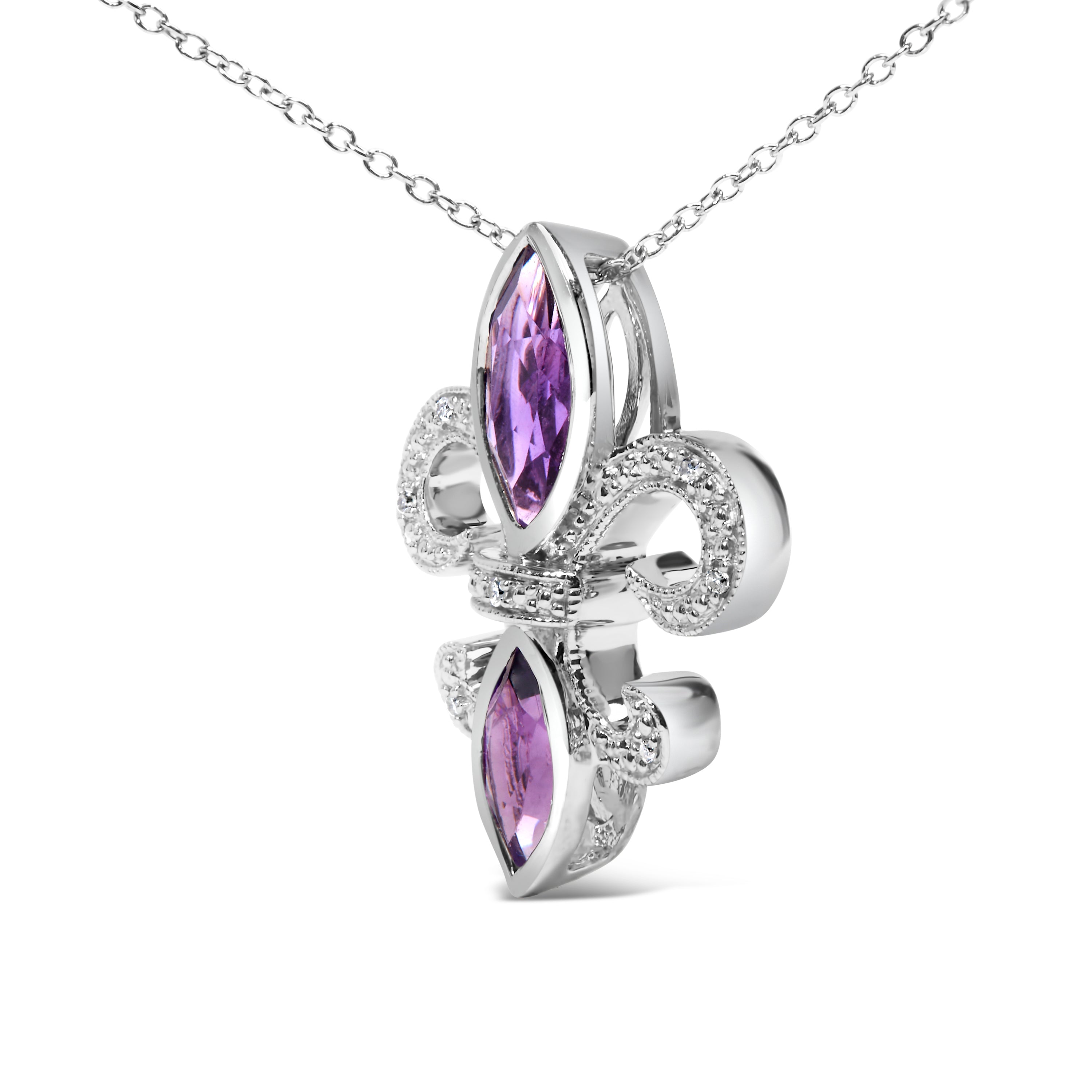 .925 Sterling Silver Purple Amethyst Marquise and Diamond Accent Fleur De Lis Pendant Necklace (H-I Color, SI1-SI2 Clarity) - Size 18" DestGlow