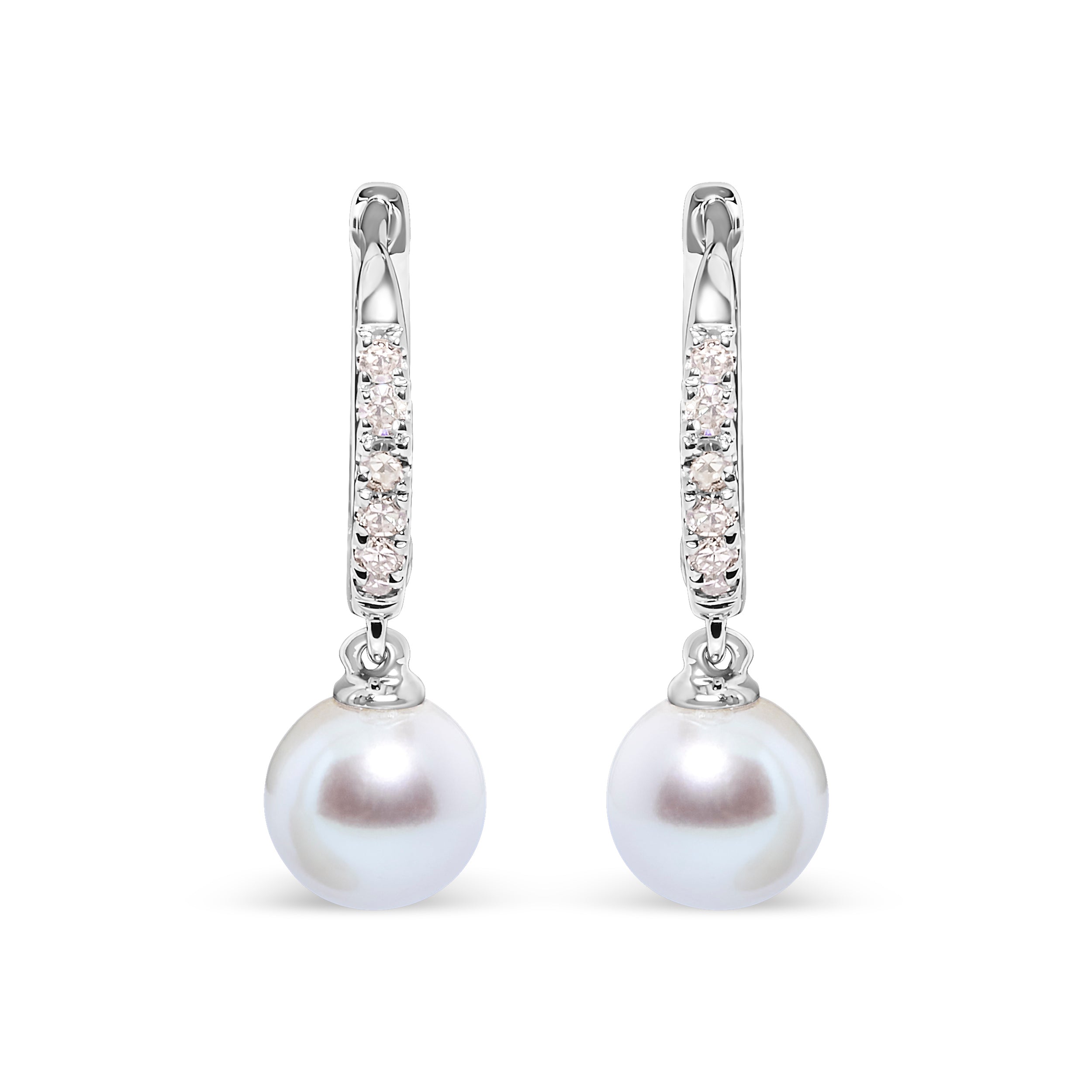 10K White Gold 6x6 MM Cultured Freshwater Pearl and Diamond Accent Drop Huggy Earring (H-I Color, I1-I2 Clarity) DestGlow