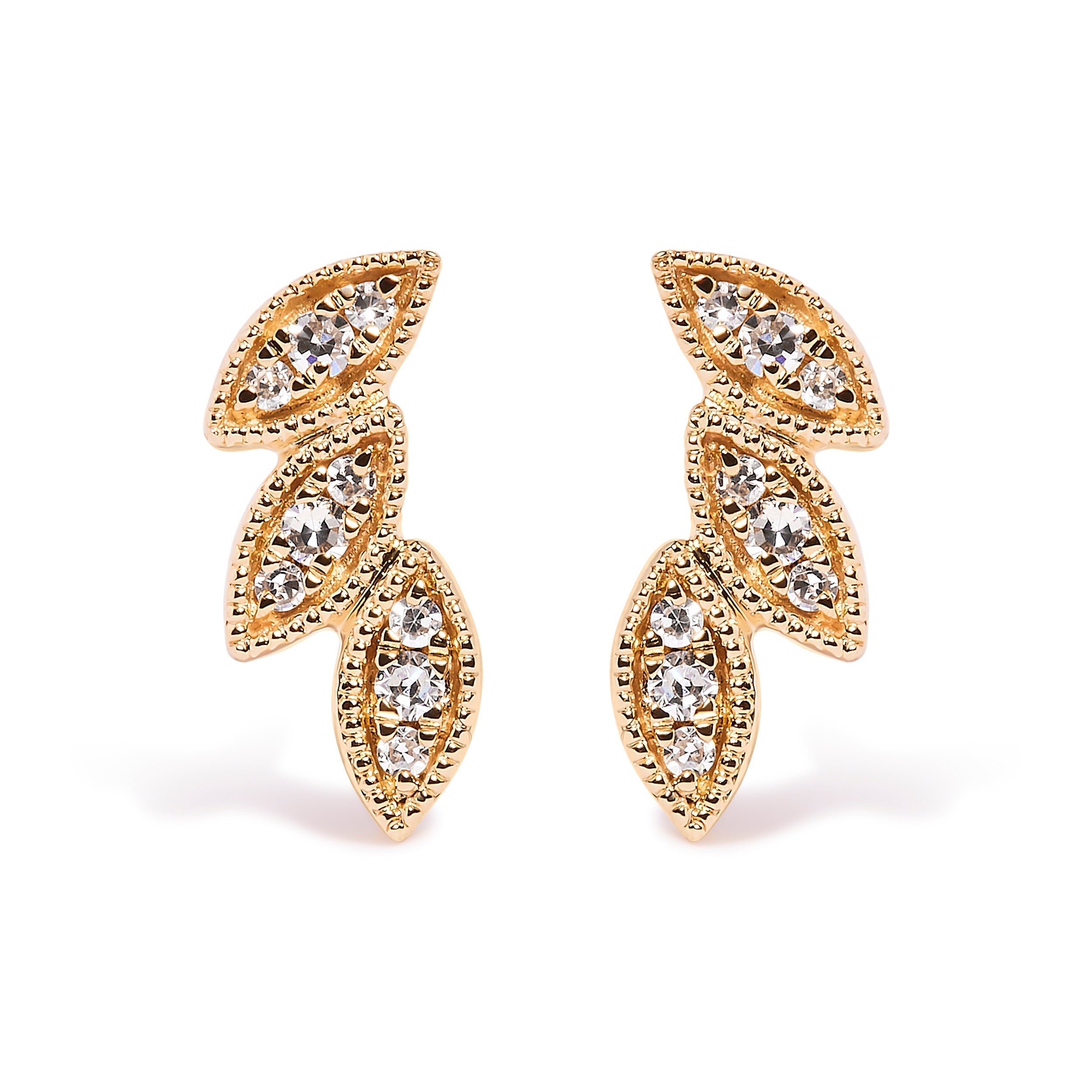 10K Yellow Gold 1/10 Cttw Diamond Triple Leaf Stud Earring (H-I Color, I1-I2 Clarity) DestGlow