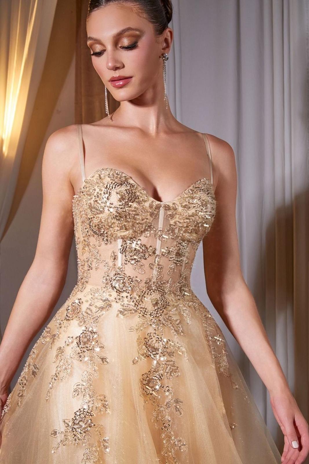 Ladivine C177 Floral Lace Applique A-Line Glitter Tulle Gown DestGlow