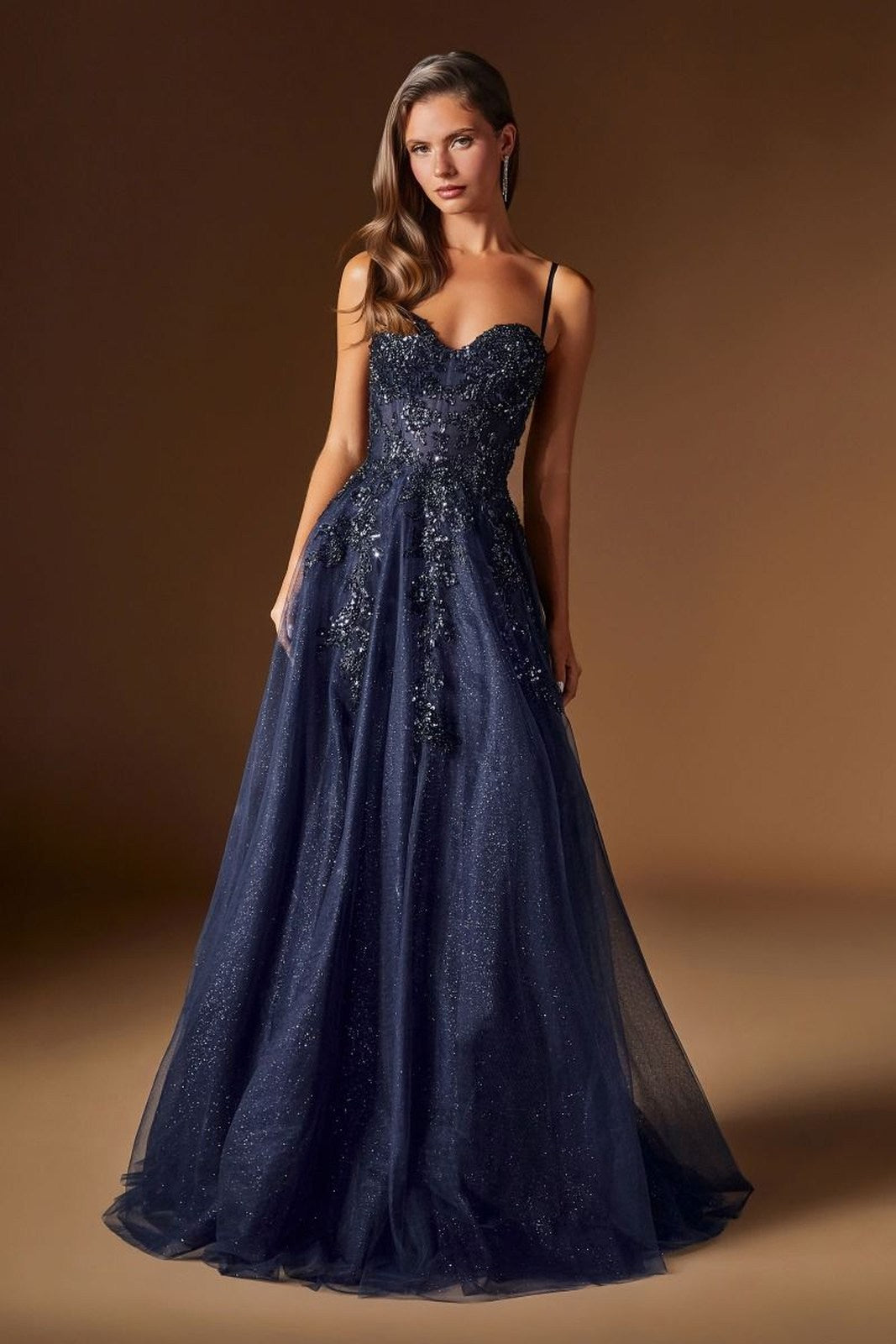 Ladivine C177 Floral Lace Applique A-Line Glitter Tulle Gown DestGlow