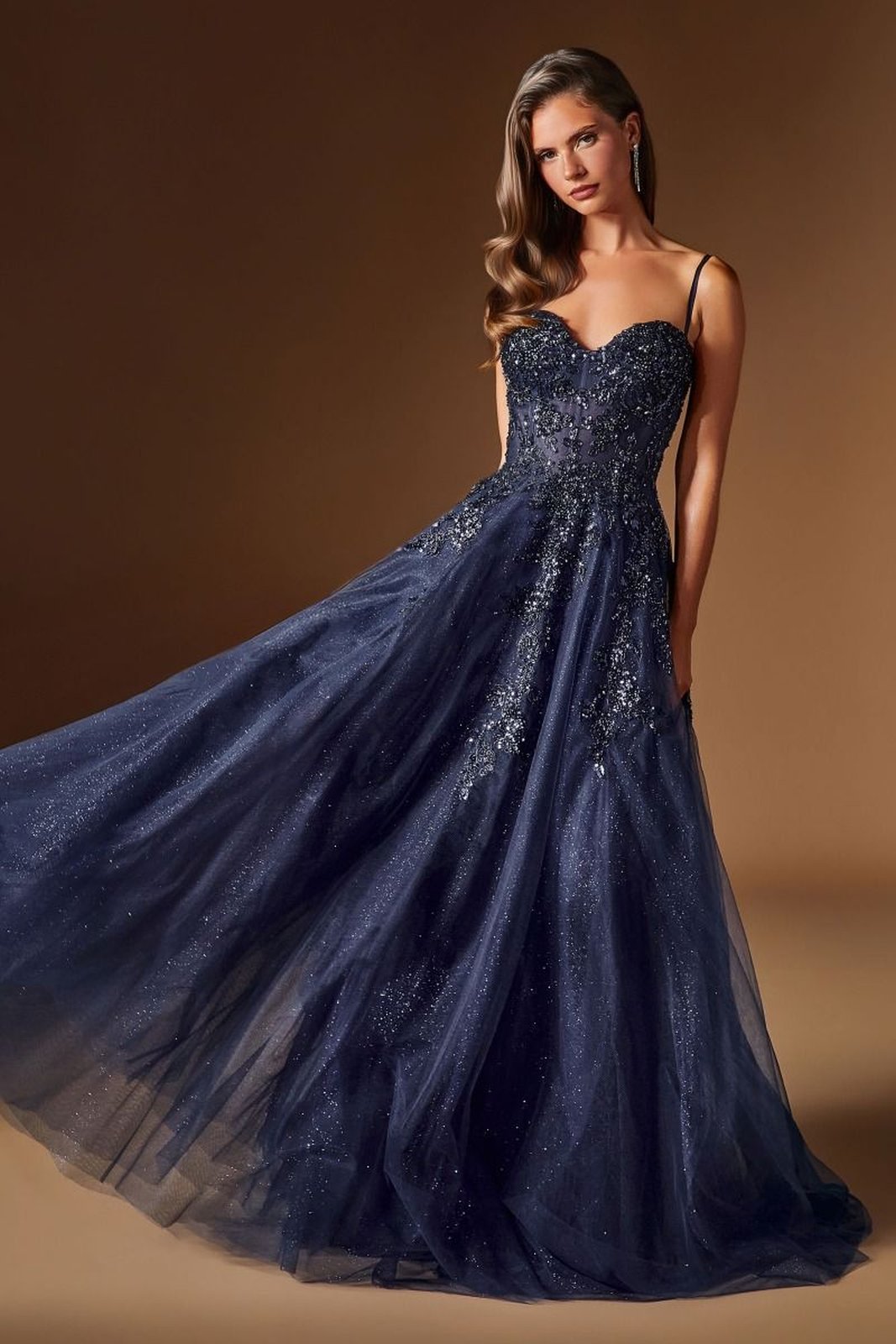 Ladivine C177 Floral Lace Applique A-Line Glitter Tulle Gown DestGlow