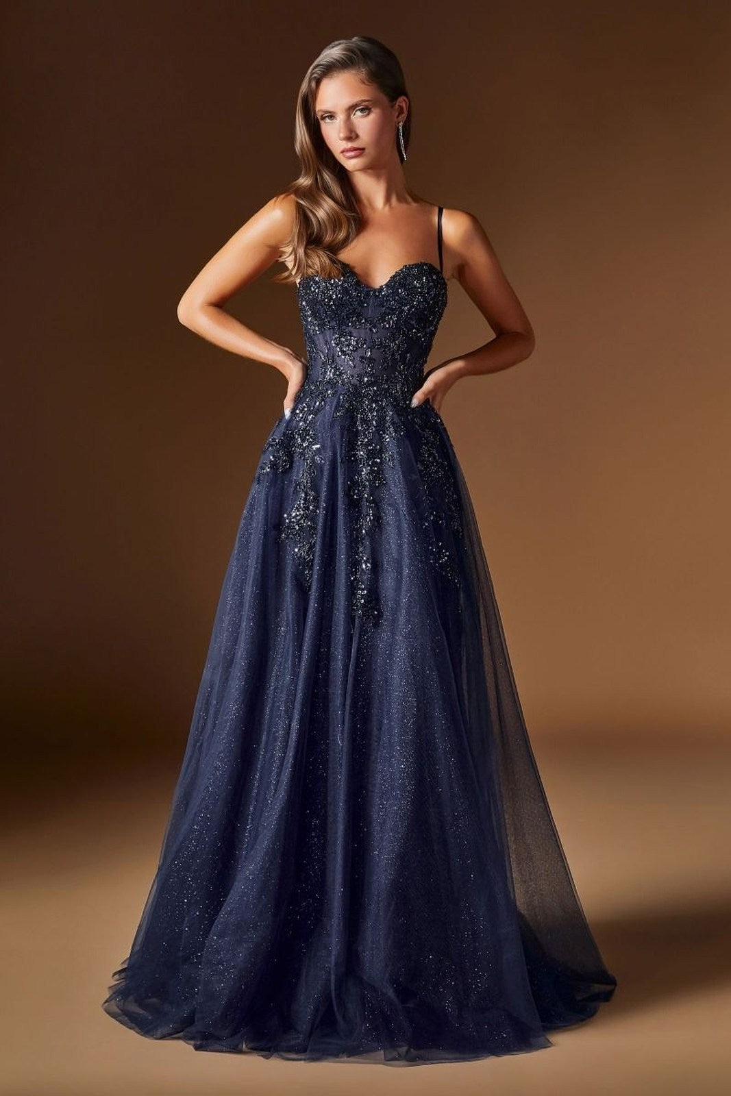 Ladivine C177 Floral Lace Applique A-Line Glitter Tulle Gown DestGlow