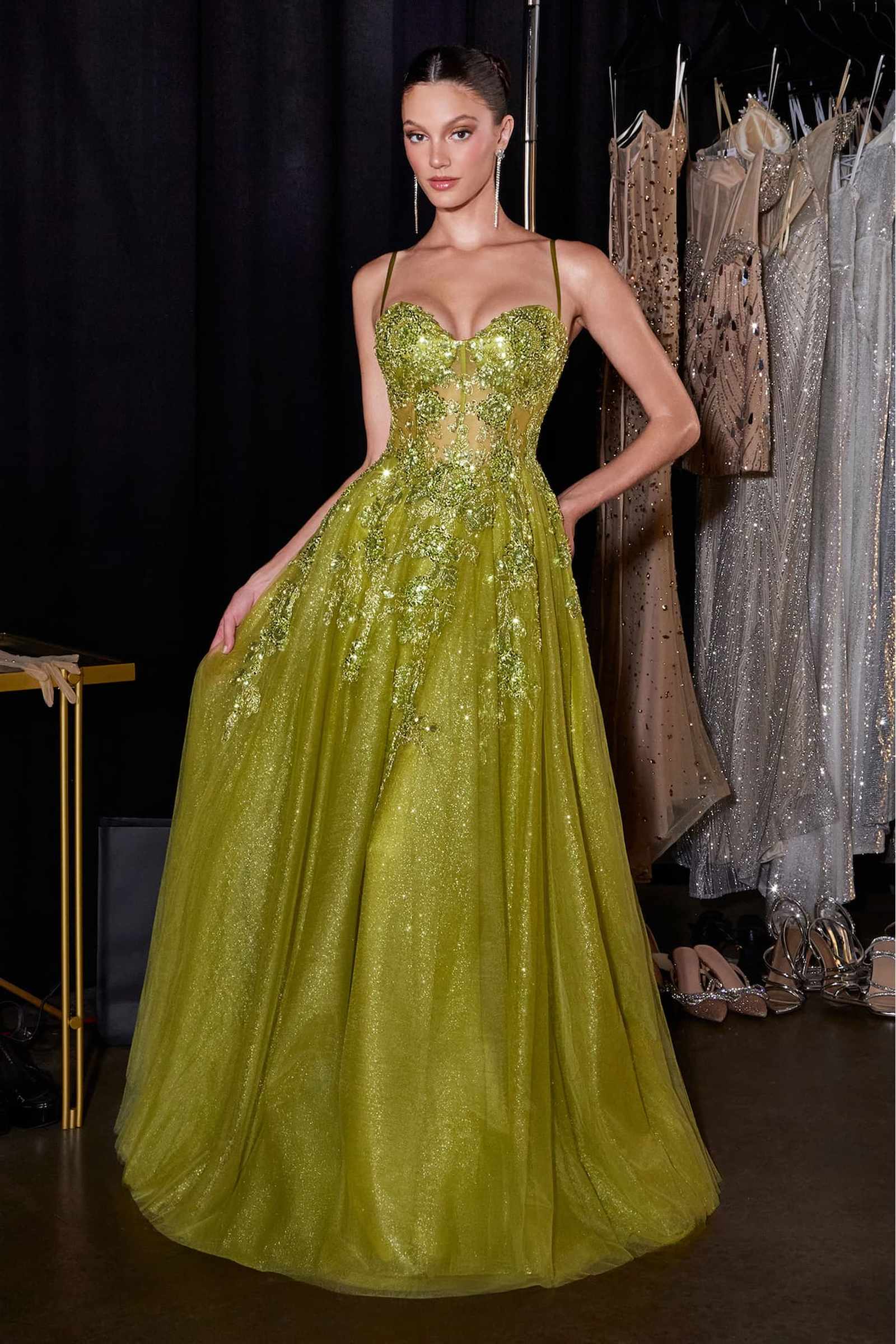 Ladivine C177 Floral Lace Applique A-Line Glitter Tulle Gown DestGlow