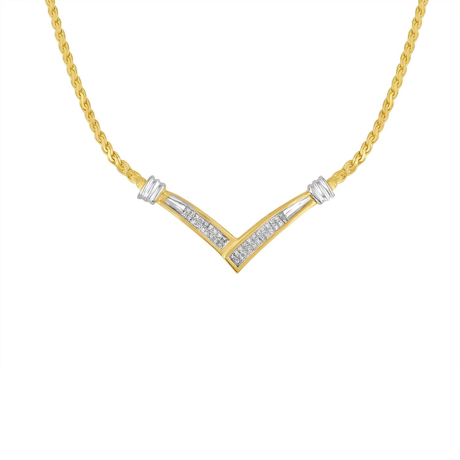10K Yellow and White Gold 1/2 Cttw Princess Cut Diamond Channel-Set “V†Shape 18" Franco Chain Necklace (H-I Color, SI2-I1 Clarity) by Bids.com