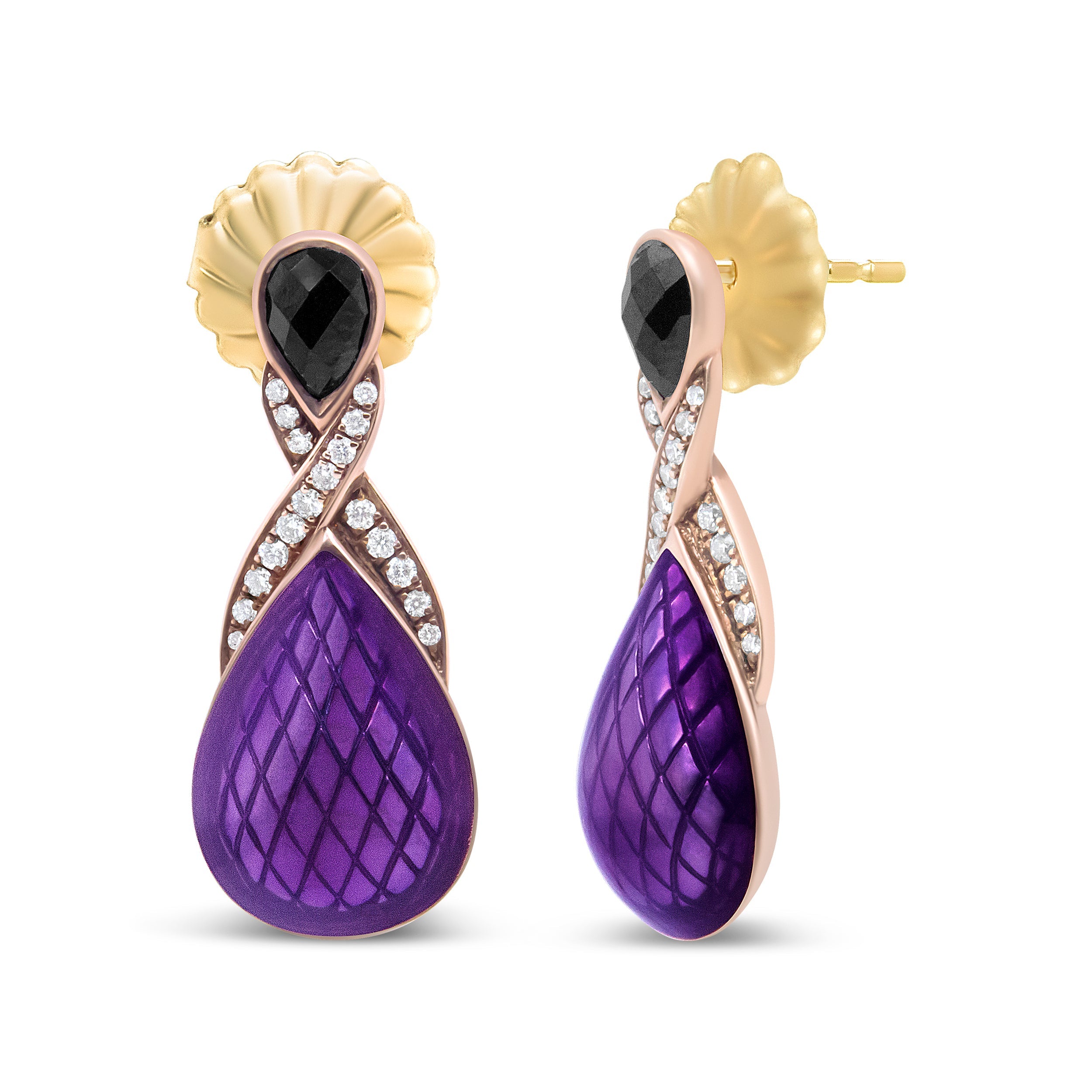 18K Rose Gold Flash Plated .925 Sterling Silver Purple Enamel 1/5 Cttw Round Pave-Set Diamond and 5.5 x 4mm Pear-Shaped Black Onyx Drop Earrings (F-G Color, VS1-VS2 Clarity) by Bids.com