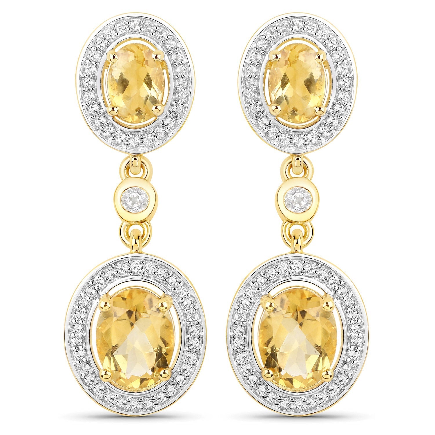 18K Yellow Gold Plated 5.70 Carat Genuine Citrine and White Topaz .925 Sterling Silver Earrings