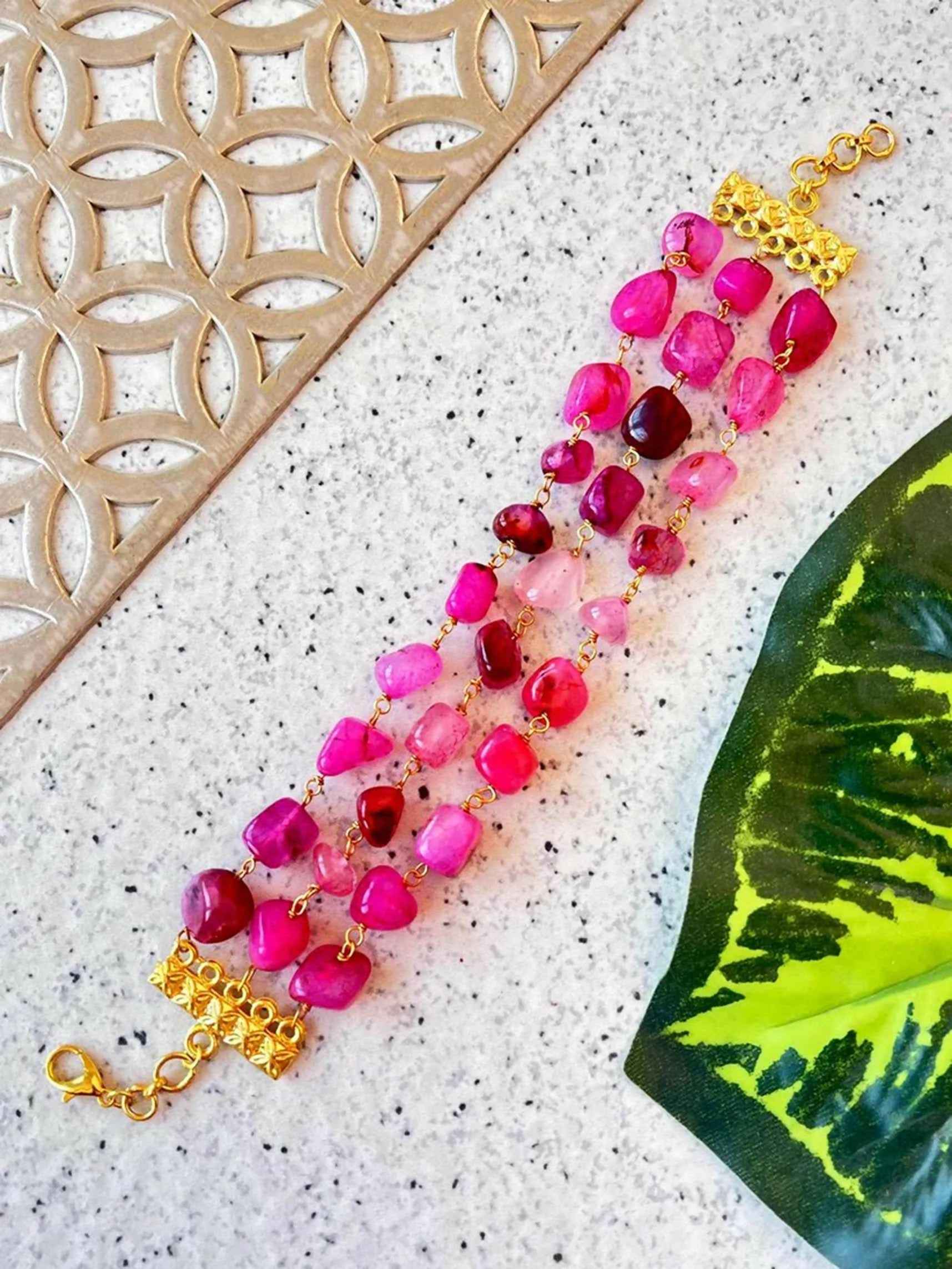 Joban Fashion Pink Brass Natural Stone Three Layered Bracelet